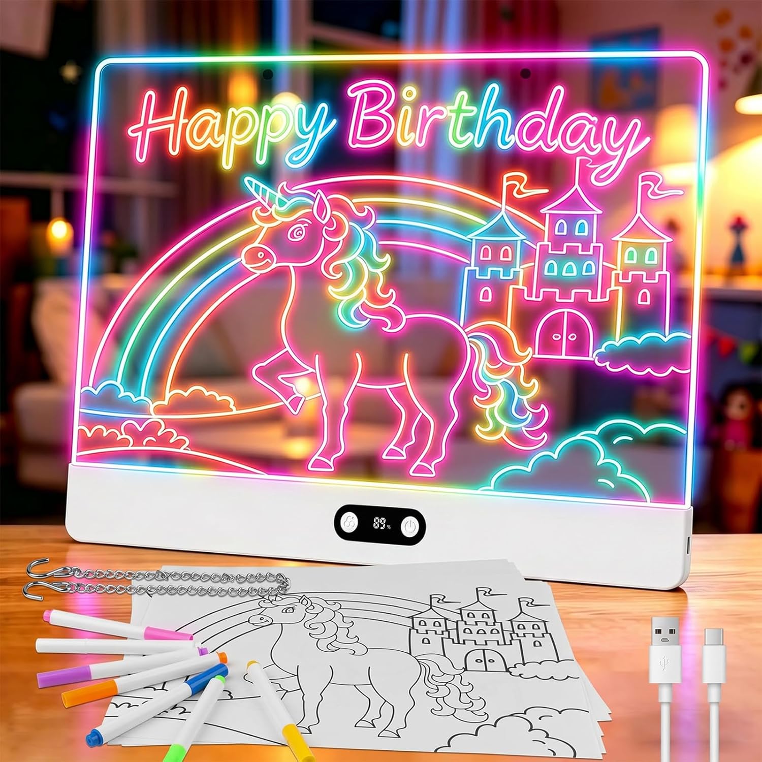Detalle de Lavagna da Disegno LED ricaricabile per bambini con luci RGB — grande tappetino luminoso in acrilico 35x26 cm