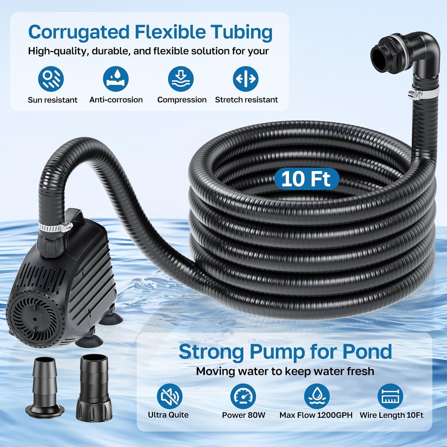 Detalle de POPOSOAP Pond Waterfall Kit with 4500 L/H Pump, 3m Corrugated Tubing and Filter Media