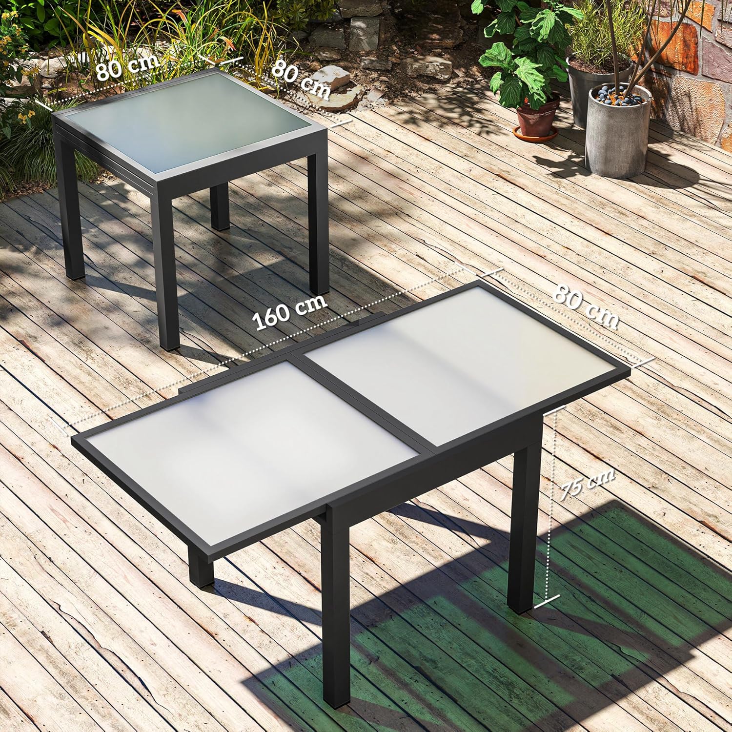 Thumbnail 6 de Outsunny table de jardin extensible grande taille avec plateau en verre trempé foncé (160 x 80 x 75 cm)