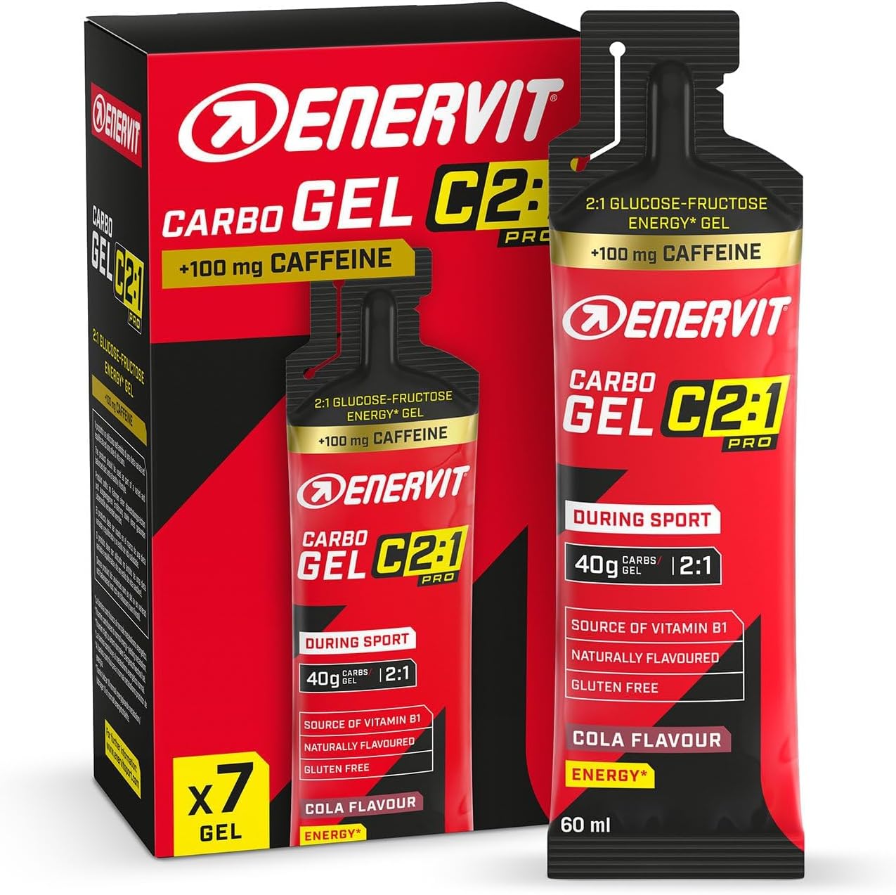 Detalle de Enervit Carbo Gel C2:1PRO mit Koffein – Cola-Energie-Gel mit 40 g Kohlenhydraten pro Gel, vegan, glutenfrei, 7er Packung