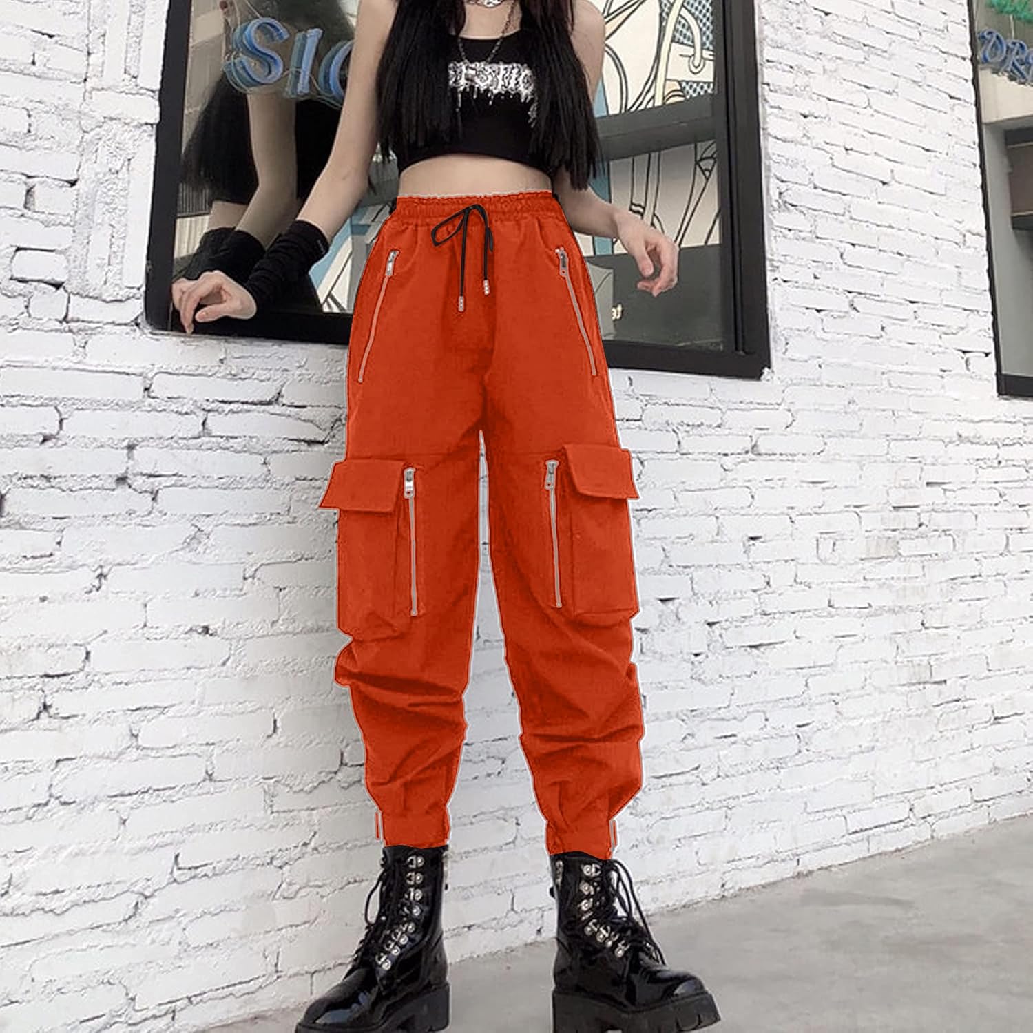 Detalle de MEINVQIAOTI Black Cargo Pants for Women with Chains, Pockets and Zippers