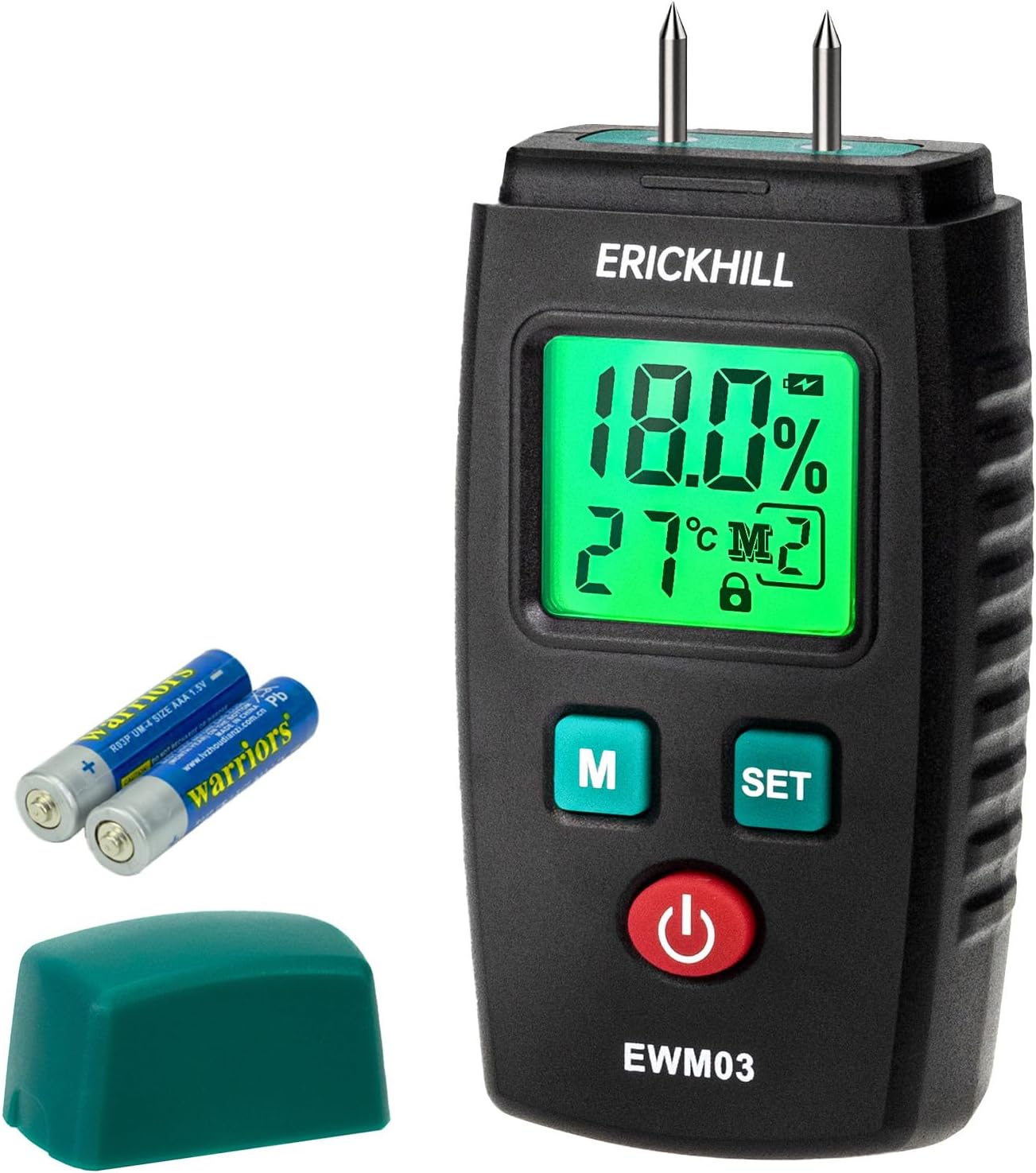 Misuratore di Umidità EWM03 di ERICKHILL: igrometro a pin con retroilluminazione e 5 scale per legno e materiali da costruzione