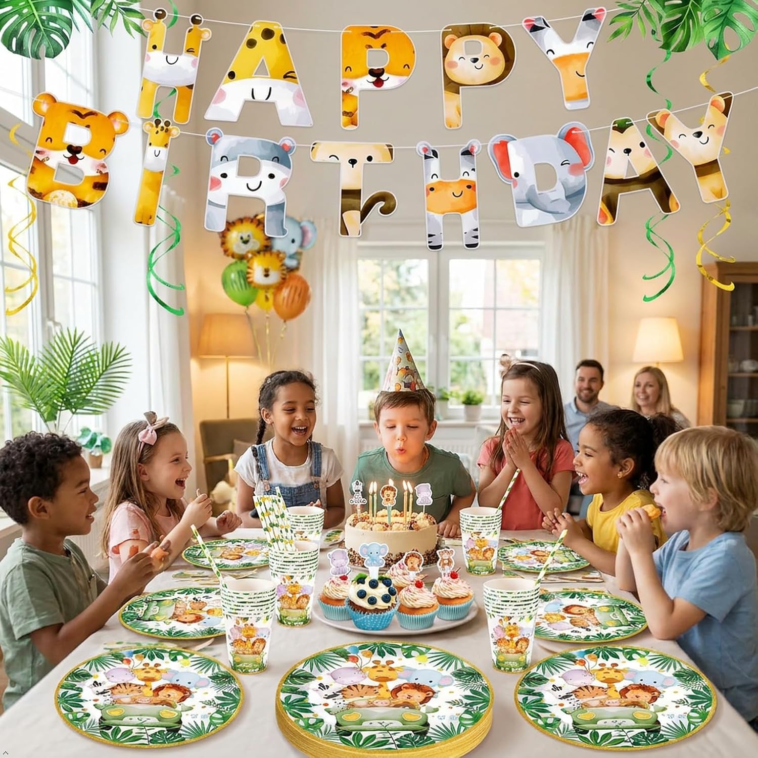 Detalle de Ophy Set stoviglie per feste Jungle Safari, 134 pezzi con striscione e decorazioni per bambini