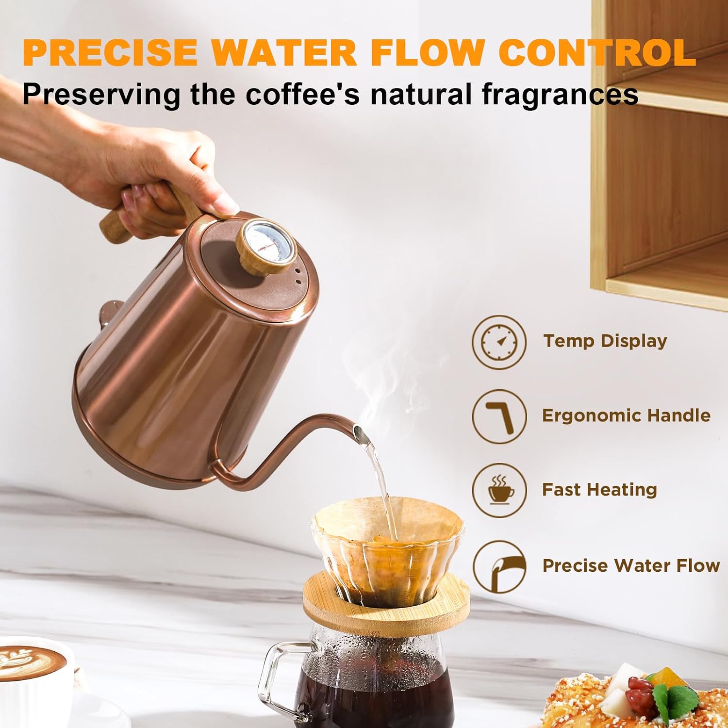 Thumbnail 1 de Nueve&Five Gooseneck Electric Kettle with Thermometer (Copper tea kettle style) — 1000W Stainless Steel