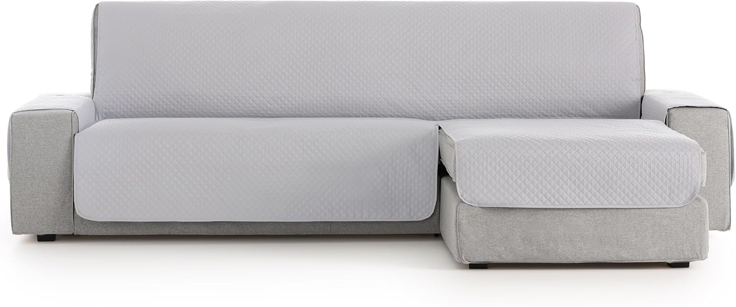 Detalle 2 de Textilhome Copridivano angolare 3 posti con penisola Destro Adele – Trapuntato reversibile Grigio Chiaro