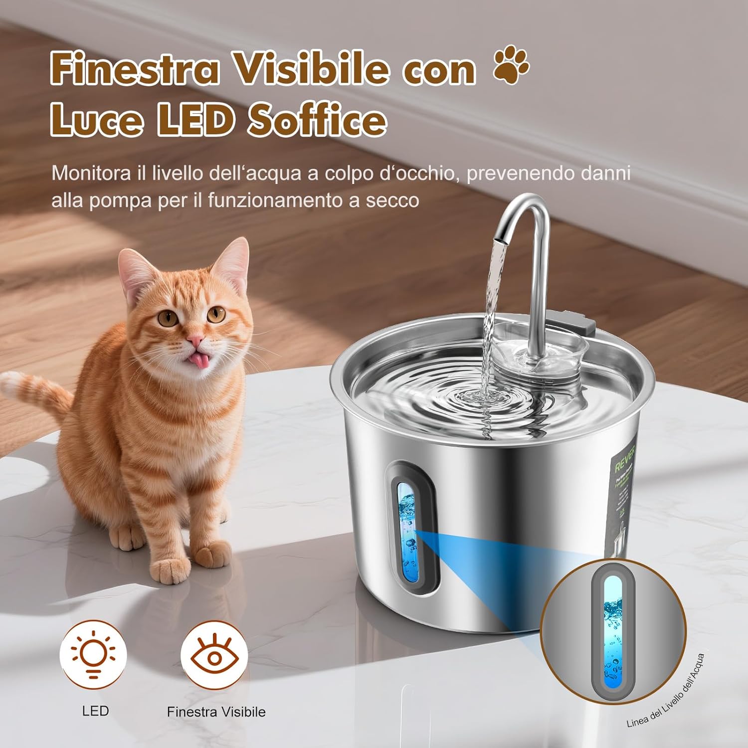 Thumbnail 3 de REVER Fontanella per gatti in acciaio inox 2,2 L con finestra LED, pompa ultra silenziosa e filtro multi-stadio