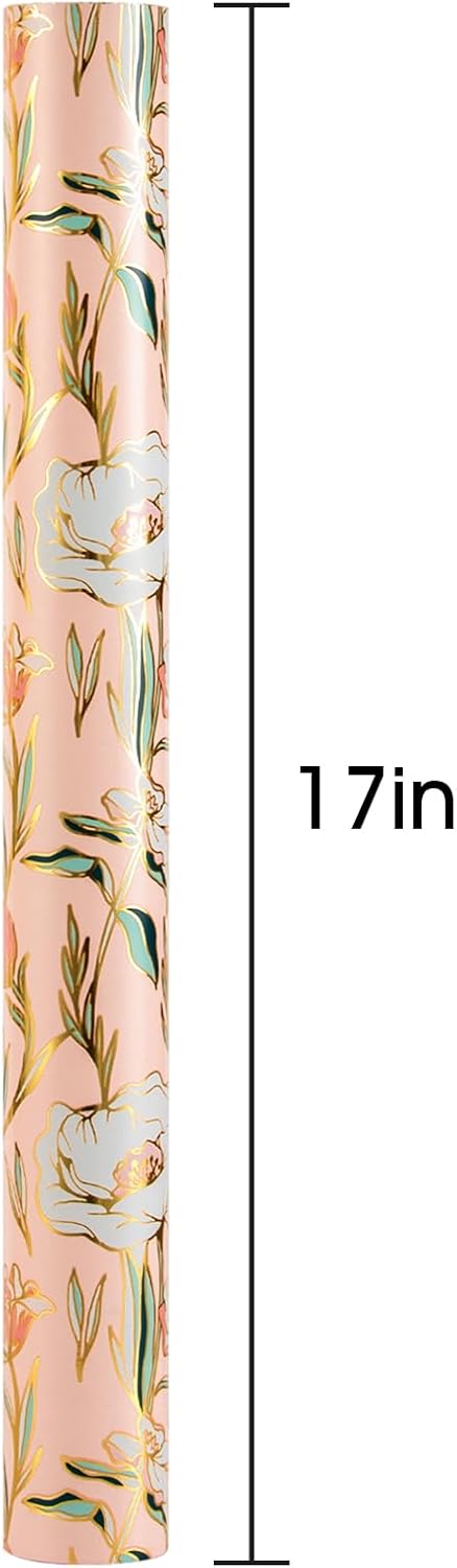 Thumbnail 2 de Wikadlik Pink Flower Wrapping Paper Roll (43cm x 10m) with Elegant Floral Gold Shine