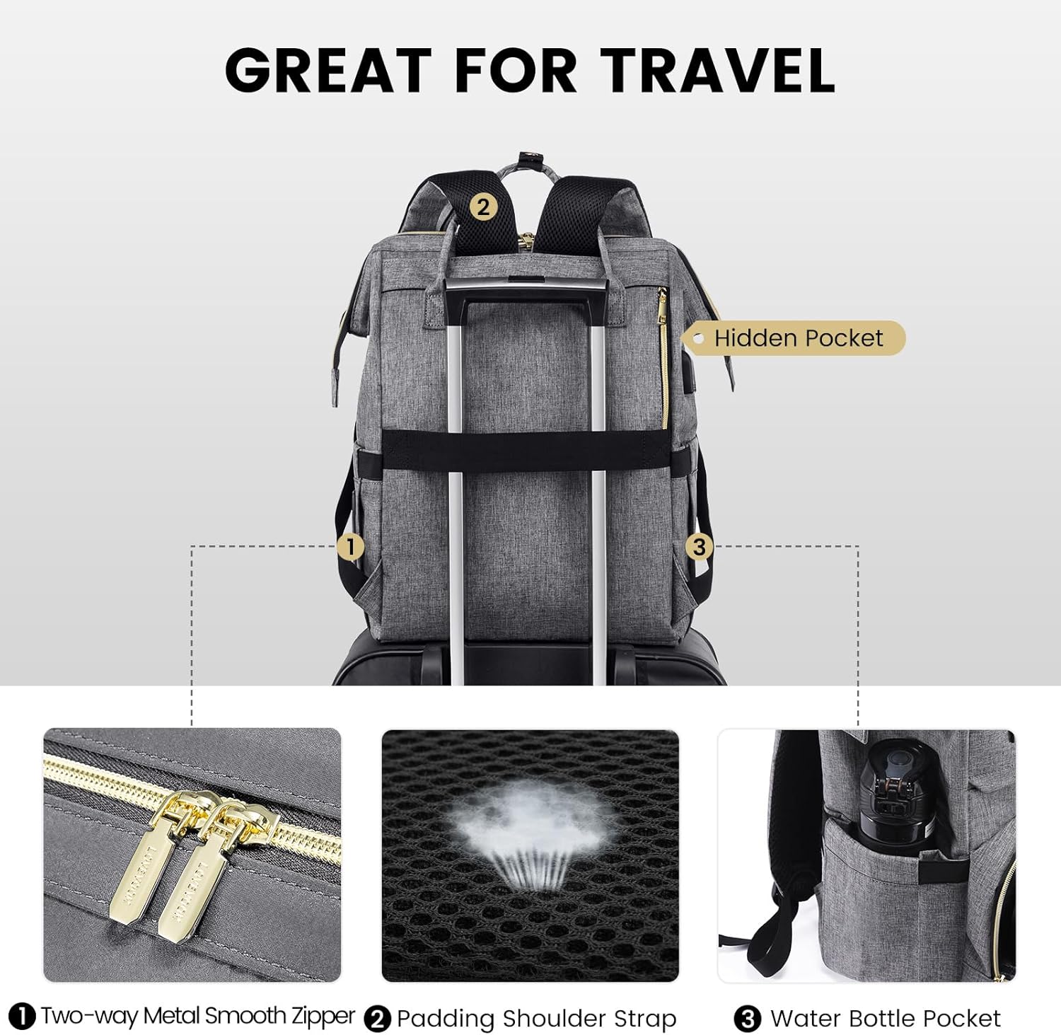 Detalle de LOVEVOOK Rucksack Damen Schulrucksack mit USB-Ladeanschluss – wasserdichter Laptoprucksack (dunkelgrau)