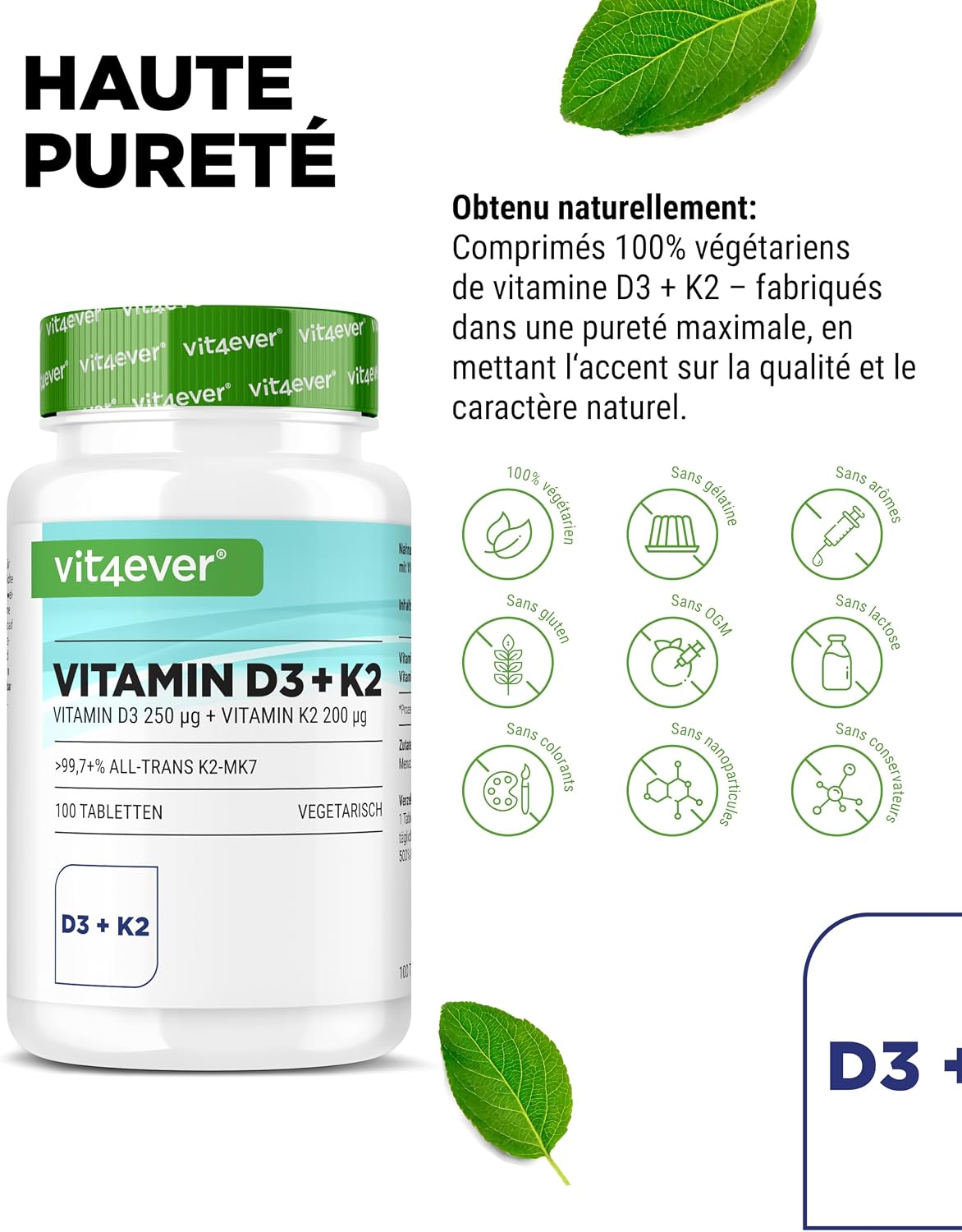 Detalle 2 de Vit4ever Vitamine D3 + K2 MK-7-100, 10 000 UI de D3 et 200 µg de K2 (MK-7), 100 comprimés