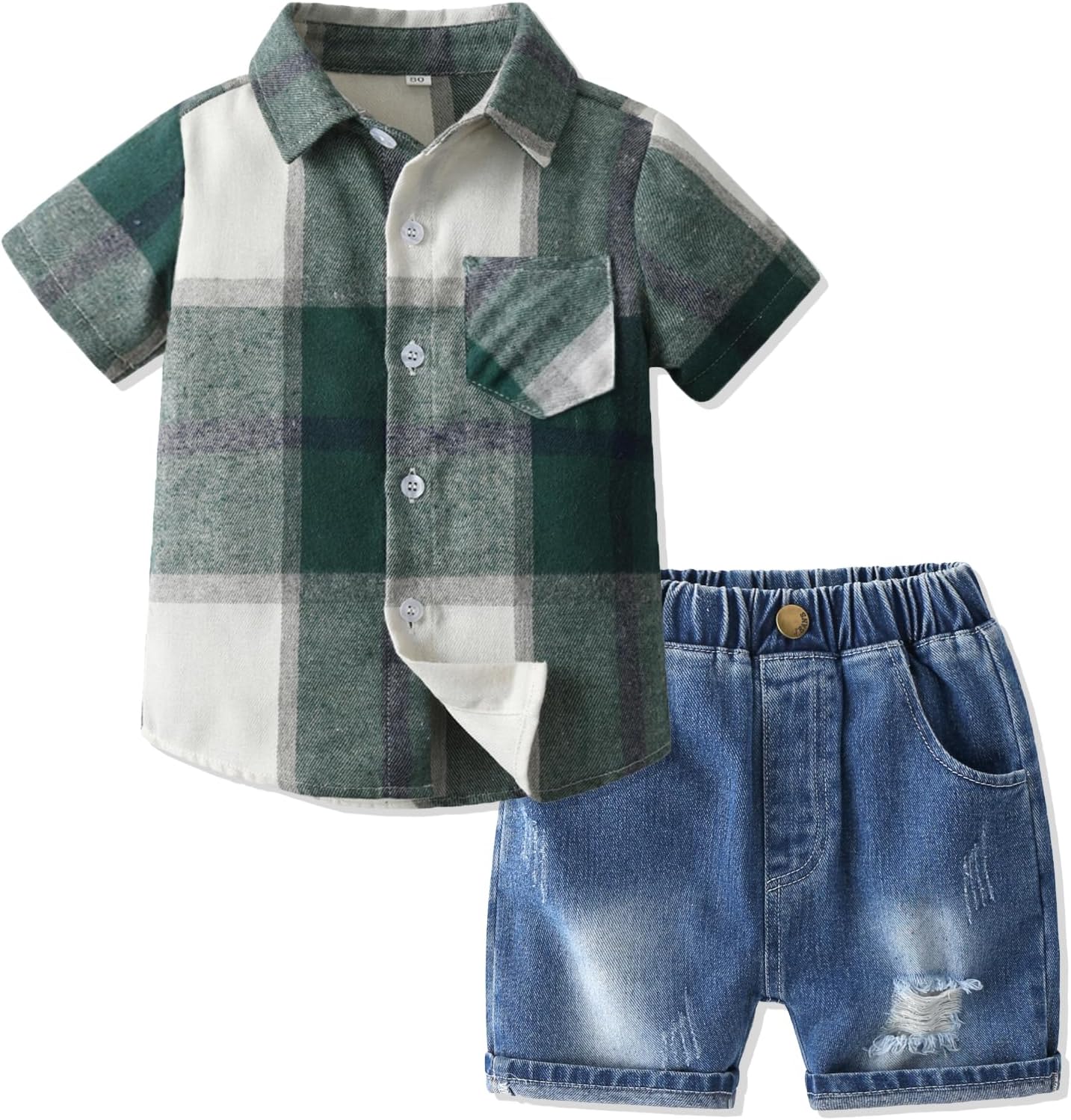 Thumbnail 6 de Volunboy Baby Boys Summer Clothing Set: Short Sleeve Plaid Shirt & Blue Ripped Jeans 2-Piece Casual Outfit