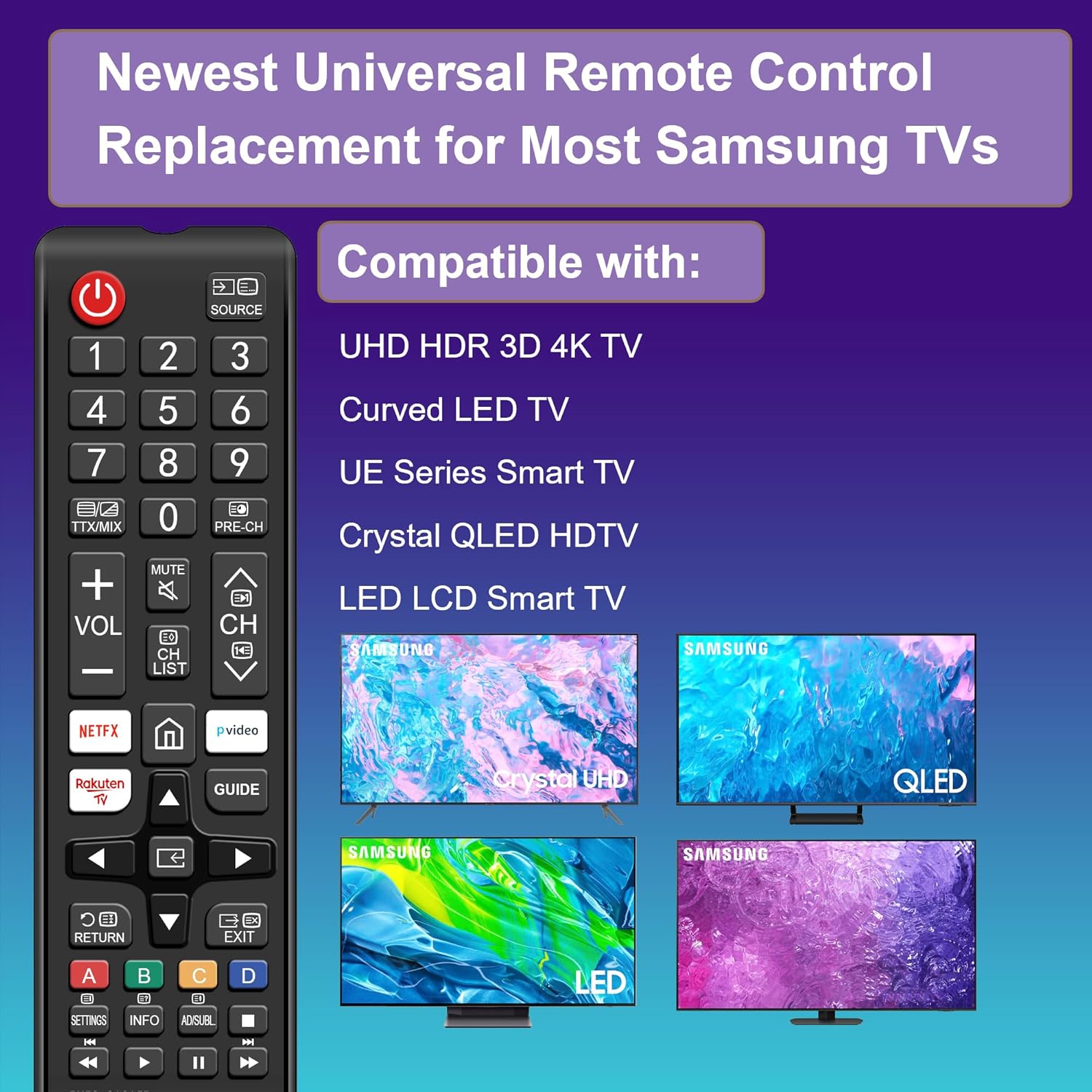 Thumbnail 1 de Samsung BN59-01315B replacement universal remote for Smart TVs (solar/Frame/Neo QLED etc.) with teletext buttons