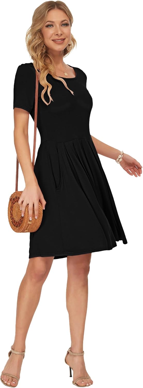 Detalle de AUSELILY Damen Kurzarm Plissee Loose Swing Freizeitkleid mit knielangen Taschen – entspannt elegant für Alltag und Events
