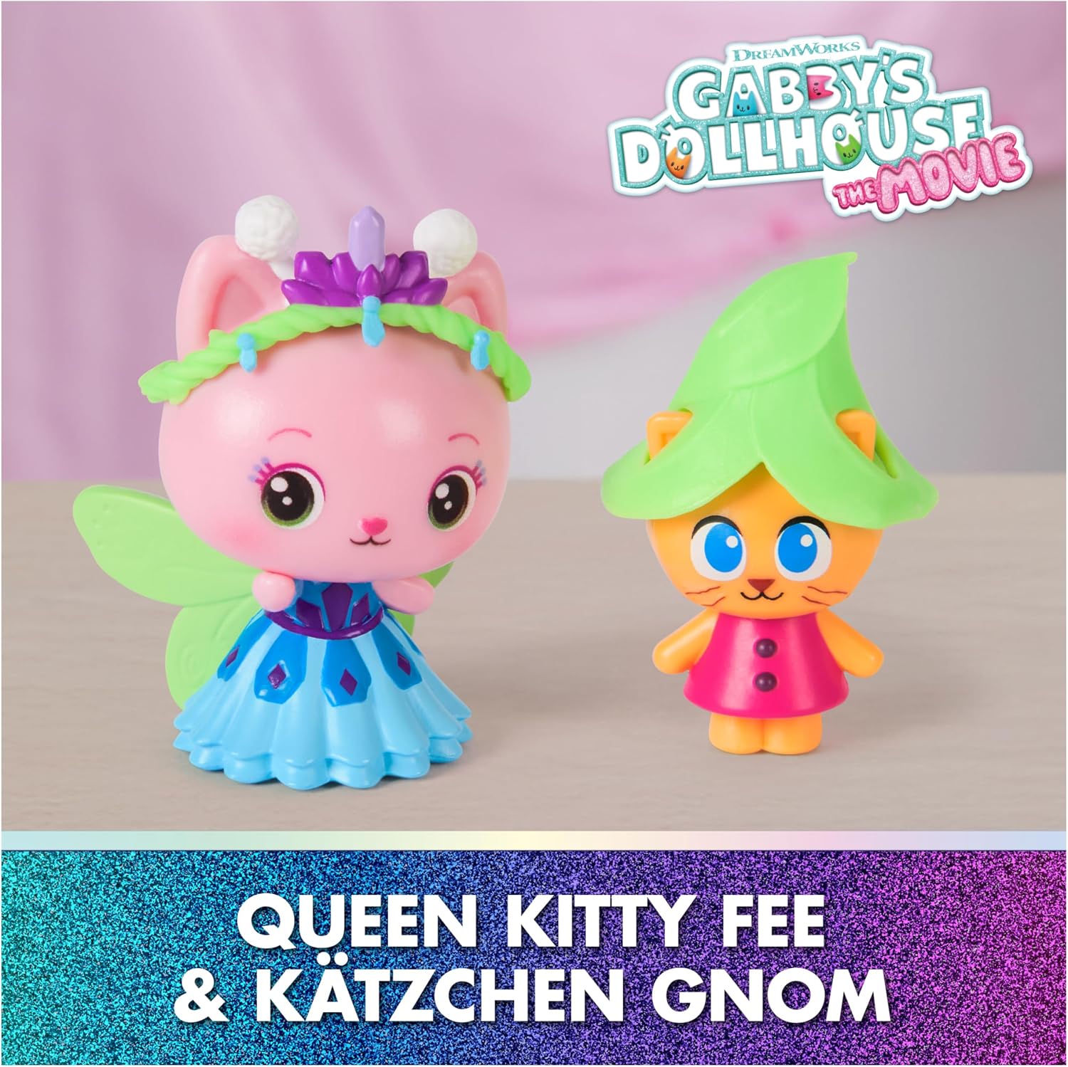 Detalle 2 de DREAMWORKS Gabby's Dollhouse: Der Film – Queen Kitty Fee & Kitty Gnome Gnom Figuren-Set mit 2 Zubehörteilen