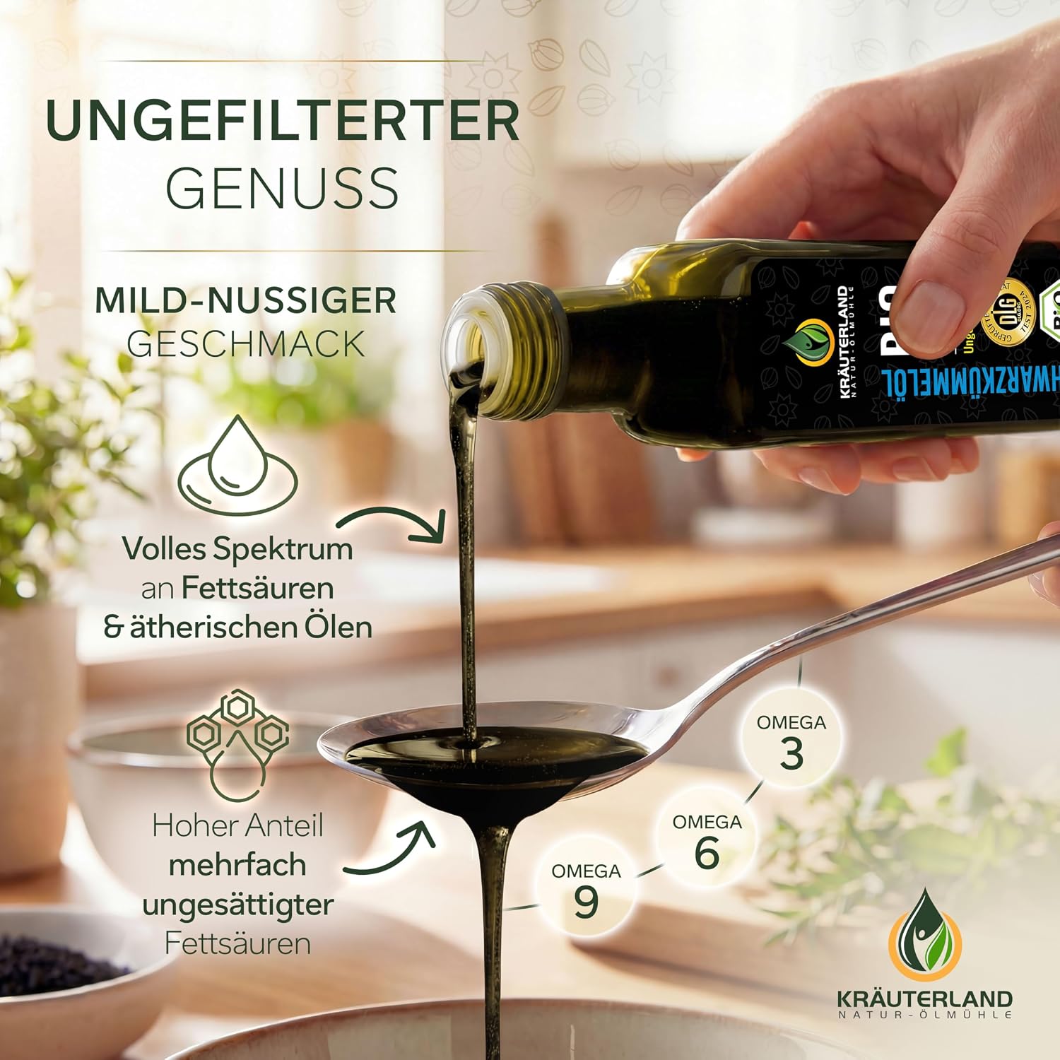 Thumbnail 1 de Kräuterland Schwarzkümmelöl Bio (500 ml) – kaltgepresst, ungefiltert, 1. Pressung