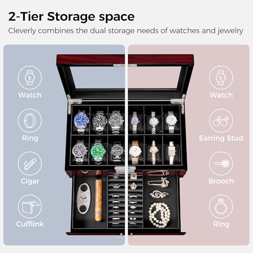 Thumbnail 3 de ANWBROAD 12 Slots Watch Box for Men – 2-Tier Wooden Case with Lockable Glass Lid