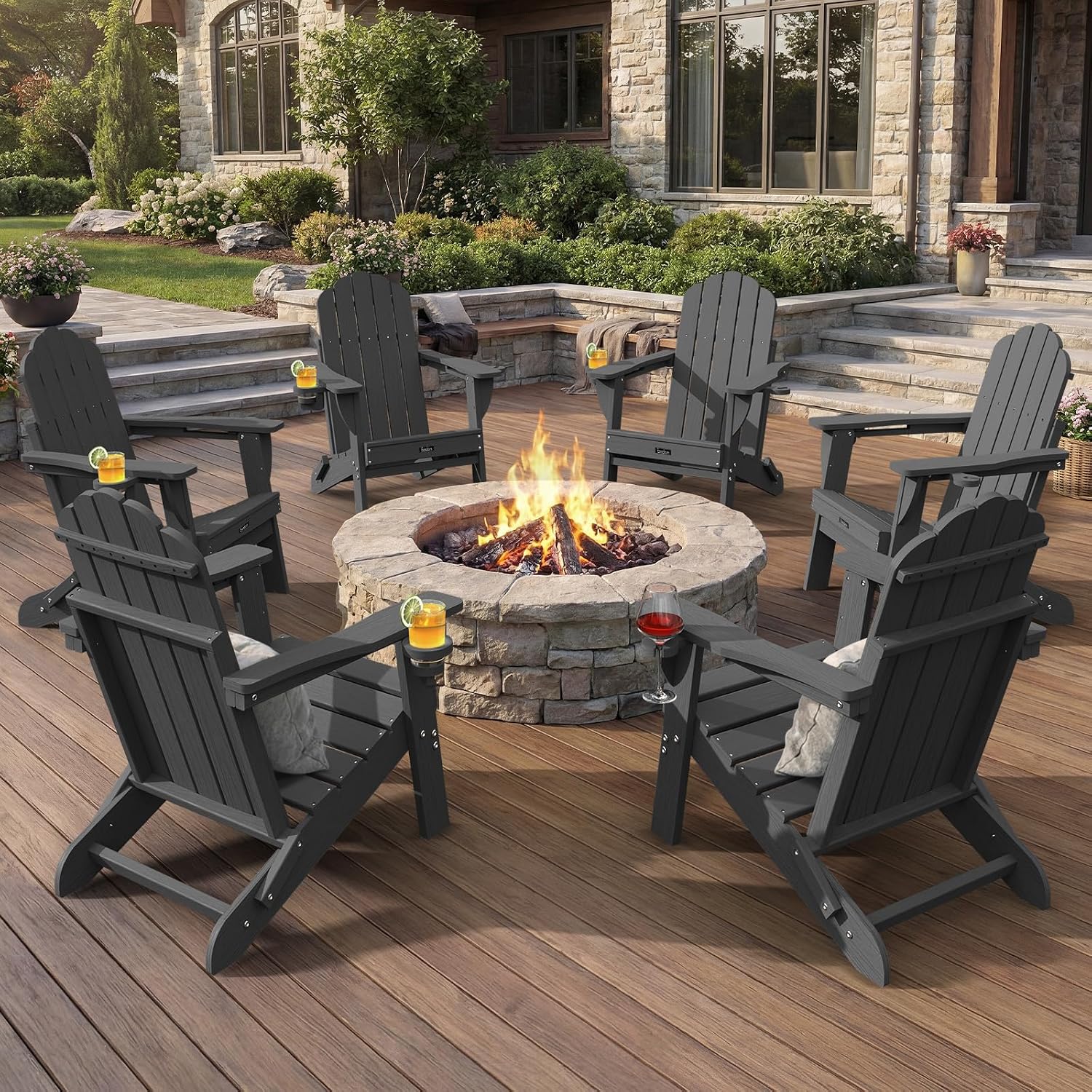 Detalle de Eesdom Folding Adirondack Chair Set of 6, Gray, with 2 Cup Holders