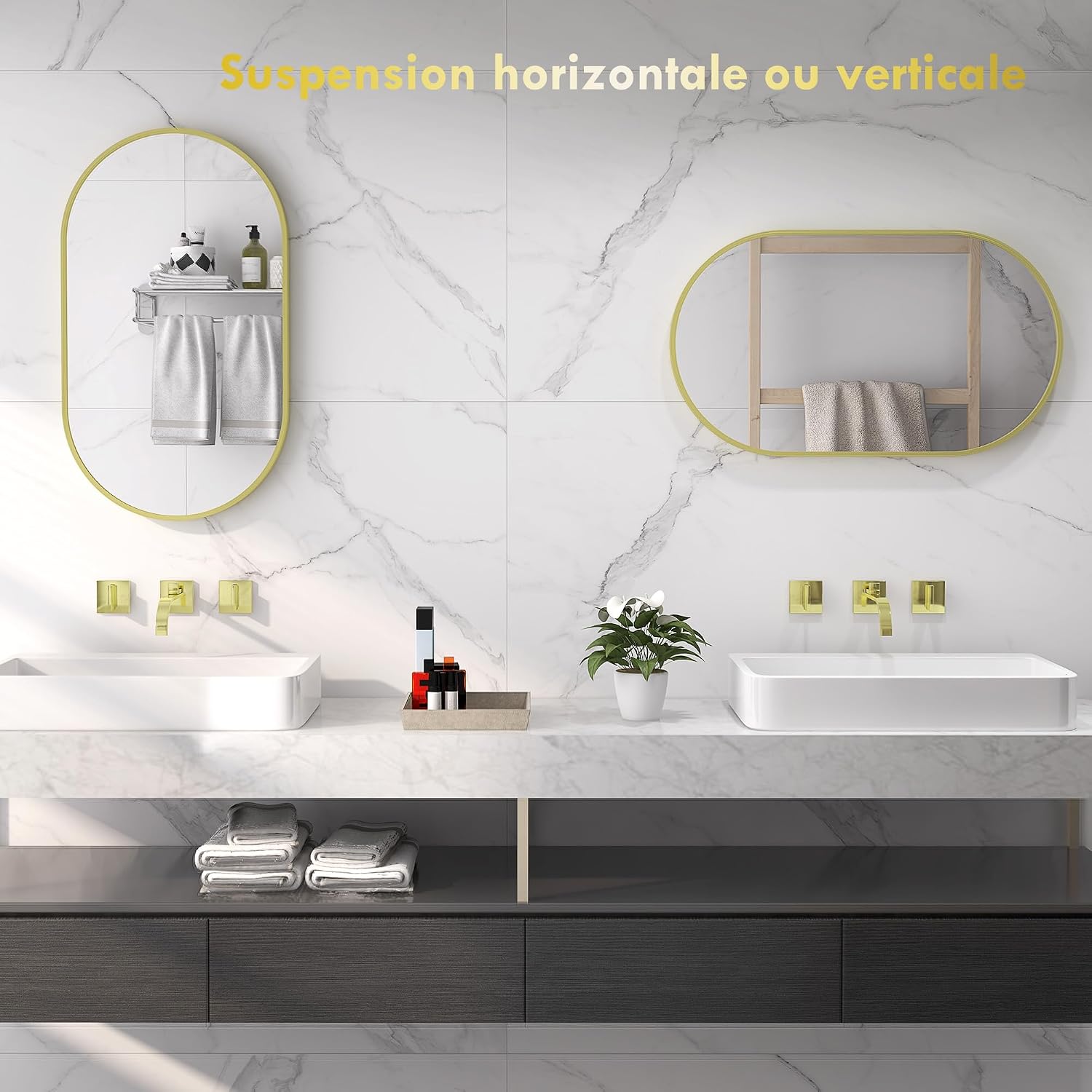Detalle de HOMCOM Miroir Mural Ovale Doré 40 x 70 cm – cadre aluminium et montage flexible