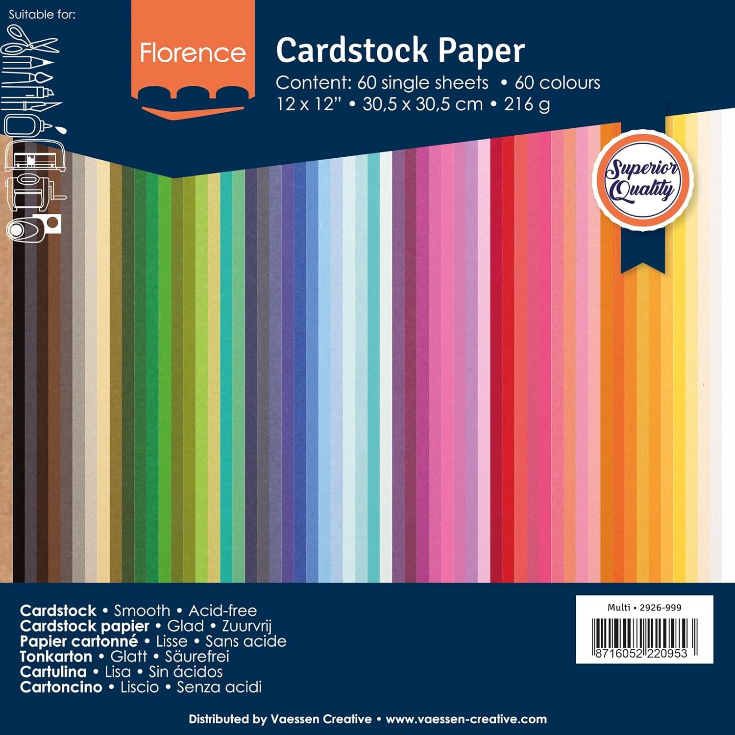 Detalle de Vaessen Creative Florence Papier Cartonné, Couleurs Vives – lot de 60 feuilles A4, 216 g/m²