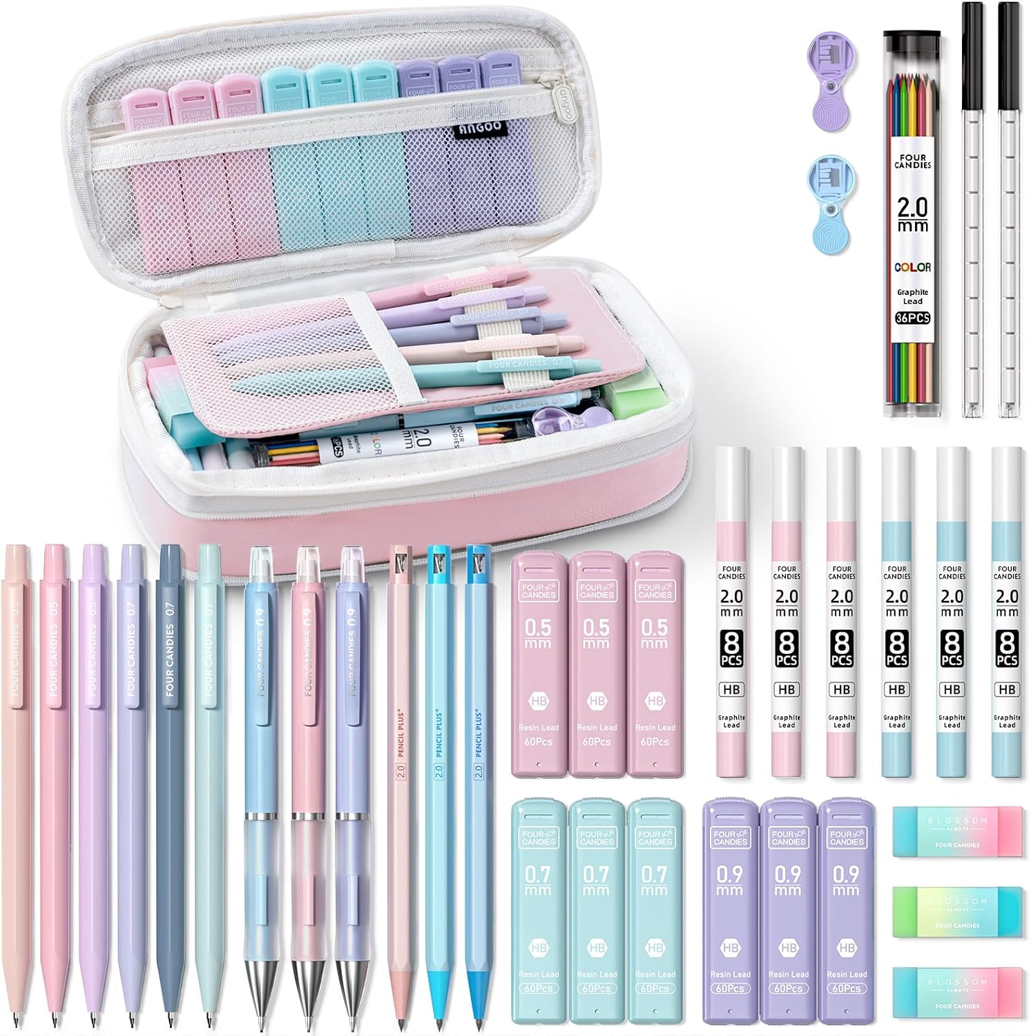 Detalle de Four Candies FC-ZDQB-TZ-FE mechanische potlodenset met etui en 4 puntdiktes
