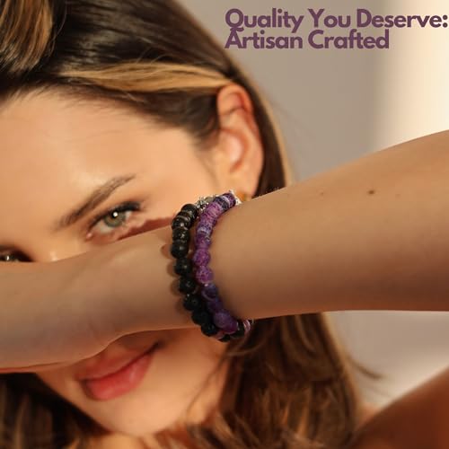Detalle de Jexiva Set of 2 Matching Magnetic Heart Bracelets – Lava Stone + Howlite (Unisex, Stretch)