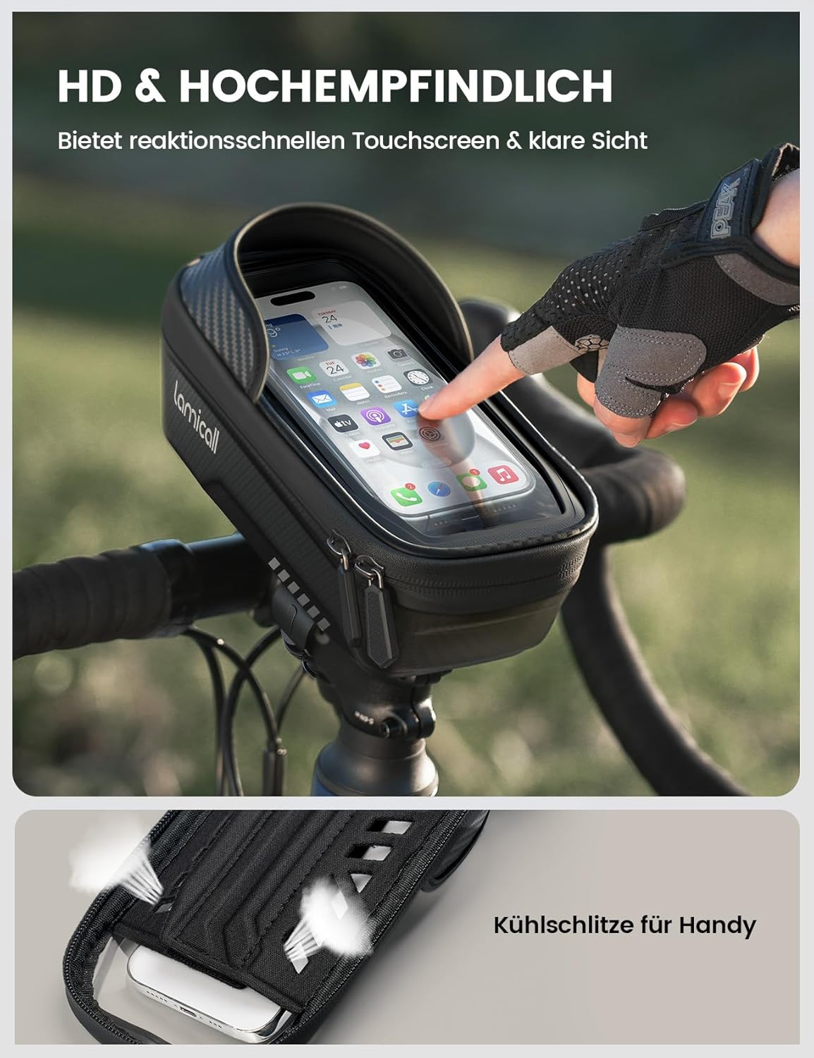 Detalle de Lamicall 2-IN-1 Rahmentasche & Lenkertasche für 20–40 mm Rahmen – 1,3 L, wasserdicht, TPU-Touchscreen