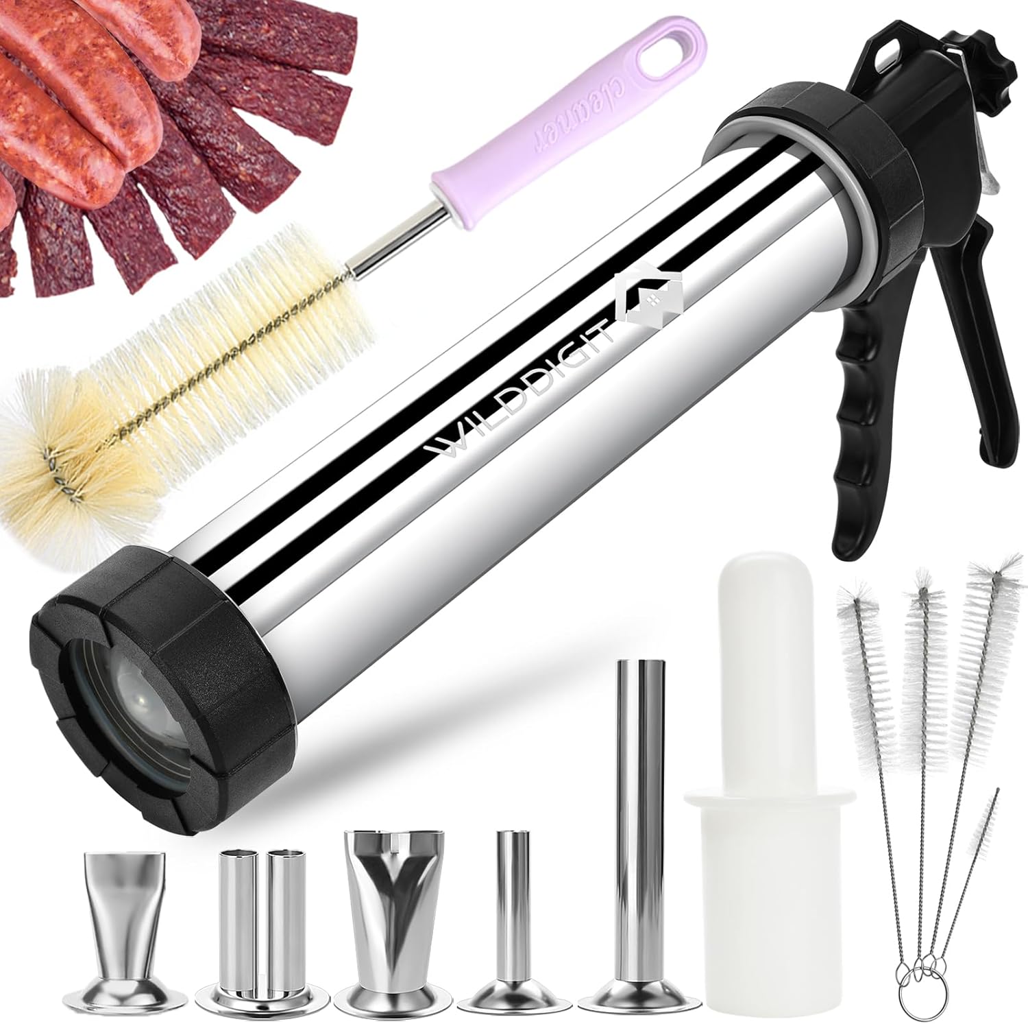 WILDDIGIT 3rd Gen Jerky Gun Kit (2.1 LB) with 5 Nozzles, Sausage Stuffer & Stainless Steel Jerky Maker