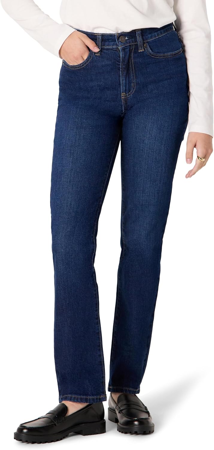 Detalle de Amazon Essentials Jeans Vita Alta a Gamba Dritta Donna – Lavaggio Ombré Scuro, 40