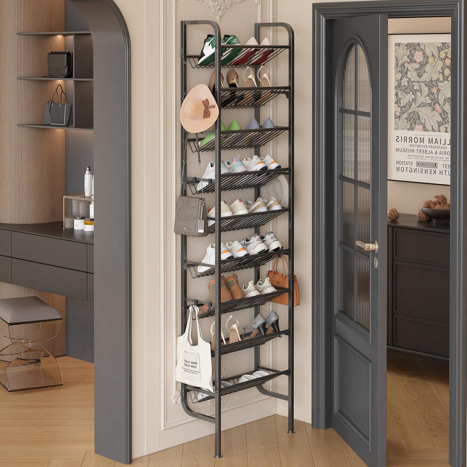 Detalle de Ornestia 70554-9BK 9-Tier Narrow Shoe Rack with 12 Hooks, Black