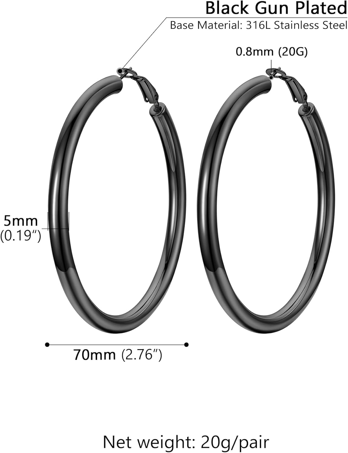 Thumbnail 6 de PROSTEEL Oversize orecchini ad anello nero in acciaio inox 316L (diametri 30/40/60/80 mm)