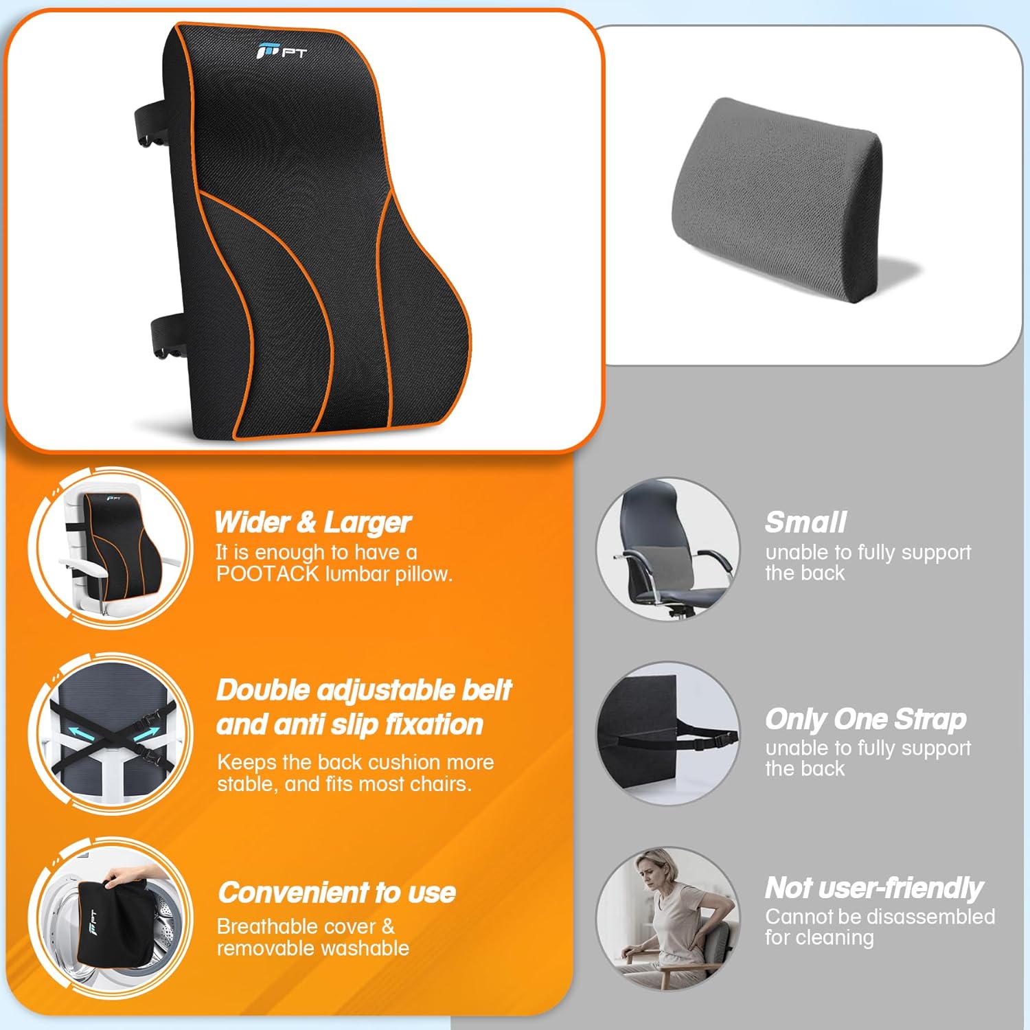 Thumbnail 4 de POOTACK Lumbar Support Cushion (Memory Foam) for Office Chair, Car Seat & Recliner