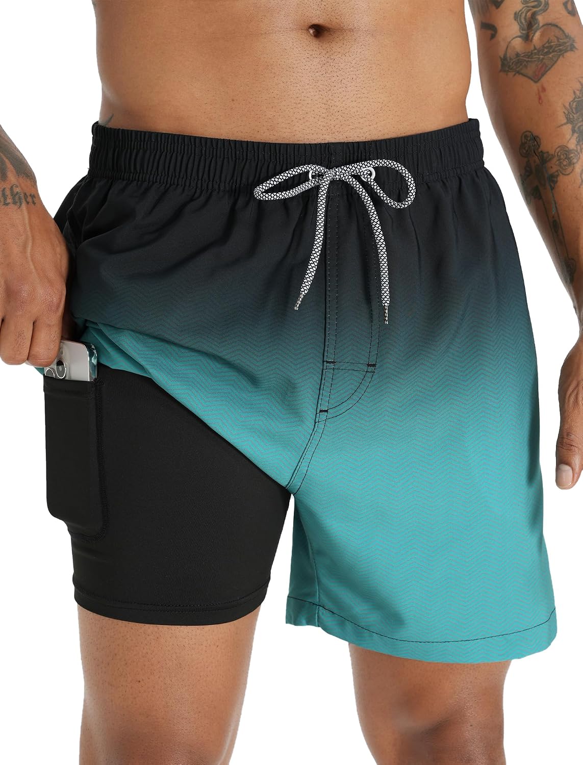 Detalle de APTRO 2-in-1 Men’s Swim Shorts, Quick-Dry Shell, Compression Liner, 5-Inch Inseam