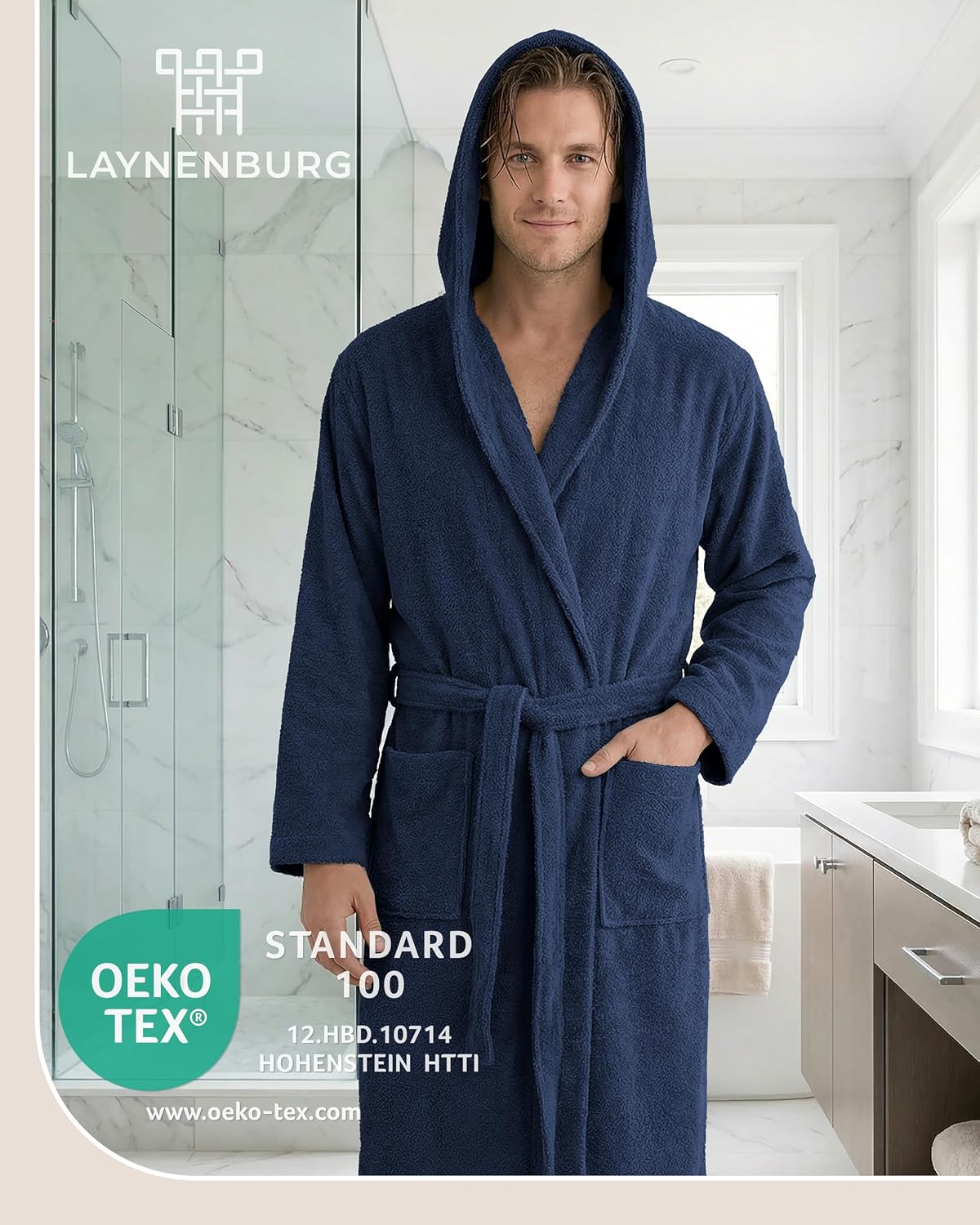 Detalle 2 de LAYNENBURG Bademantel Herren – Frottee 100% Baumwolle, wadenlang, Kapuze, 360 g/m², ÖKO-TEX, geeignet für Sauna & Zuhause