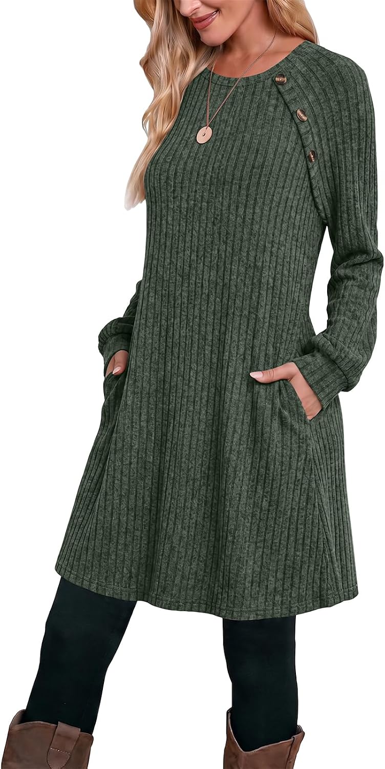 Thumbnail 3 de OFEEFAN OFE-WDR9356 Women's Ribbed Knit Dress with Pockets and Button Detail