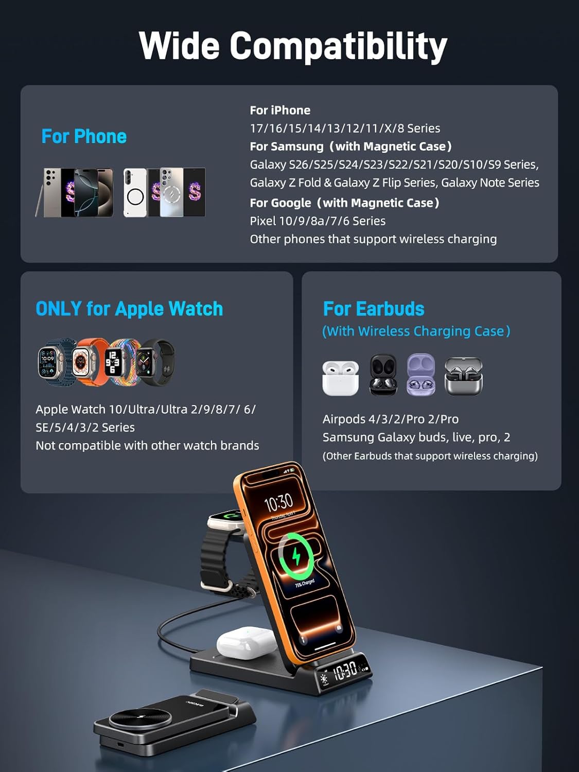 Thumbnail 1 de Station de charge magnétique 3 en 1 Snap Charge Go avec horloge pour iPhone, Apple Watch 10 et AirPods (noir)