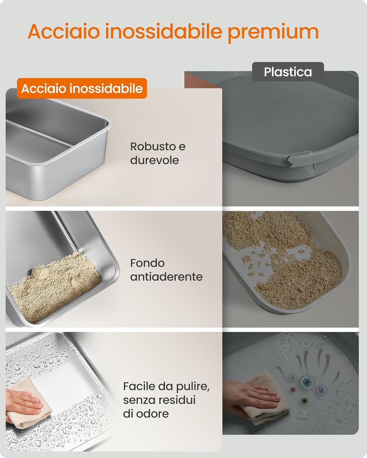 Detalle de Feandrea Lettiera per Gatti in Acciaio Inox, Vaschetta Aperta 50 x 35 x 15 cm – Argento PPT016E101