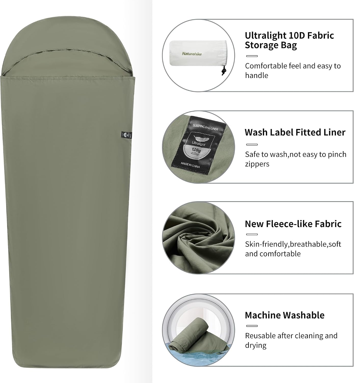 Detalle de Naturehike Ultralight Sleeping Bag Liner (128g) travel sheet for backpacking, hostels & huts