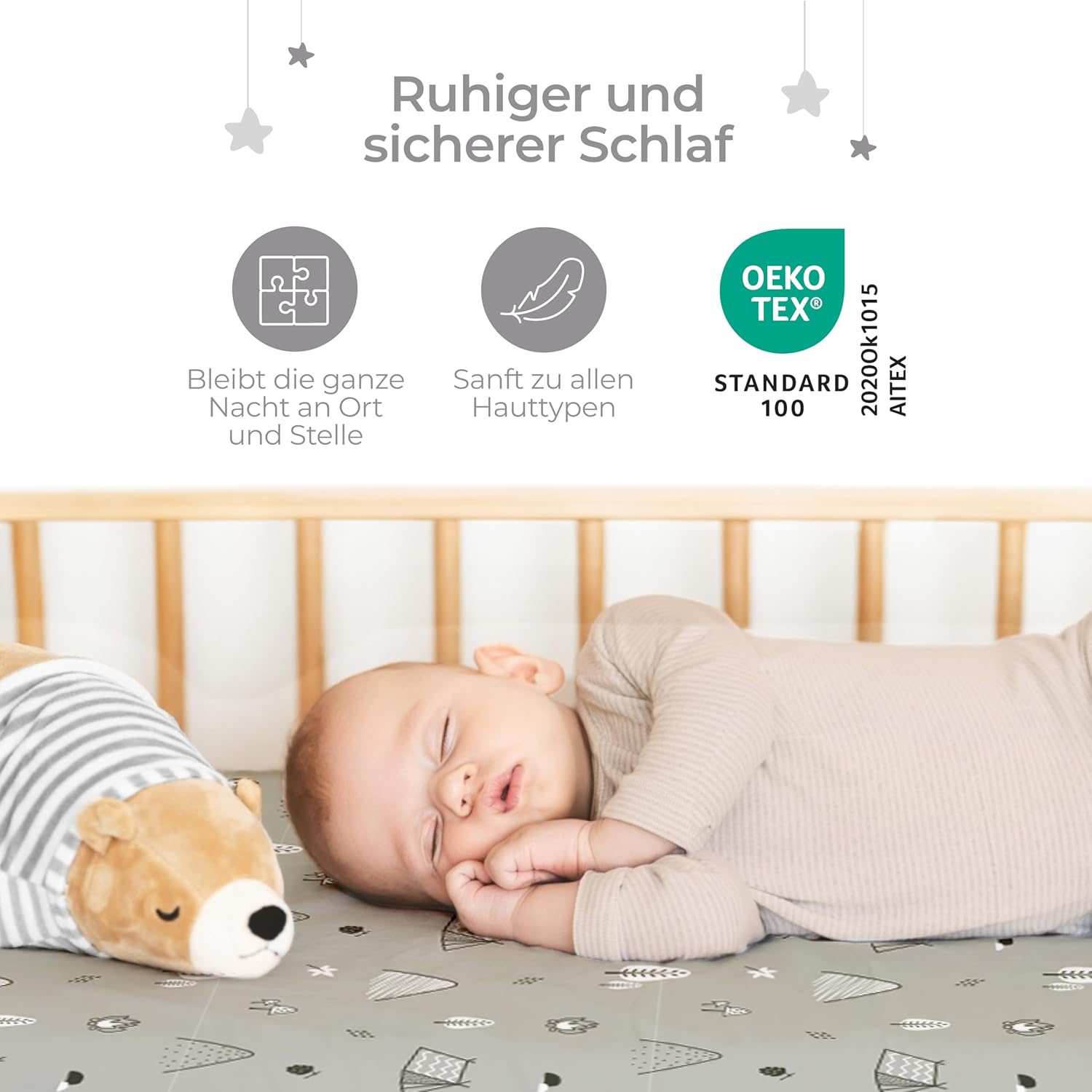 Thumbnail 4 de Dreamzie 2er Set Spannbettlaken 40x90 cm – Beistellbett & Stubenwagen | Baumwolle Oeko-Tex, Woodland Weiß/Grau