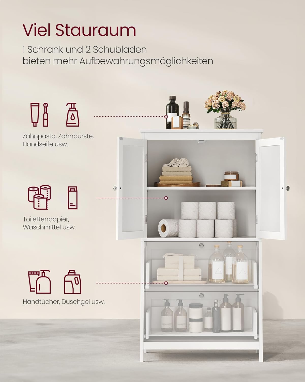 Thumbnail 4 de VASAGLE Badezimmerschrank klassikweiß BBC551P31 mit 2 Türen, 2 Schubladen und verstellbarer Ablage (30 x 60 x 110 cm)