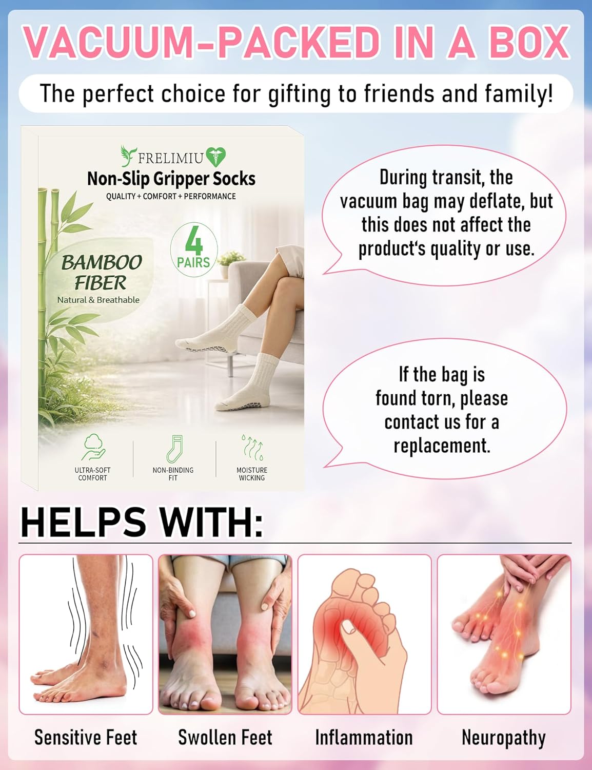Thumbnail 6 de Frelimiu Diabetic Socks with Grippers for Women (Non-Slip Bamboo Viscose), 4 Pairs, Size 8–11