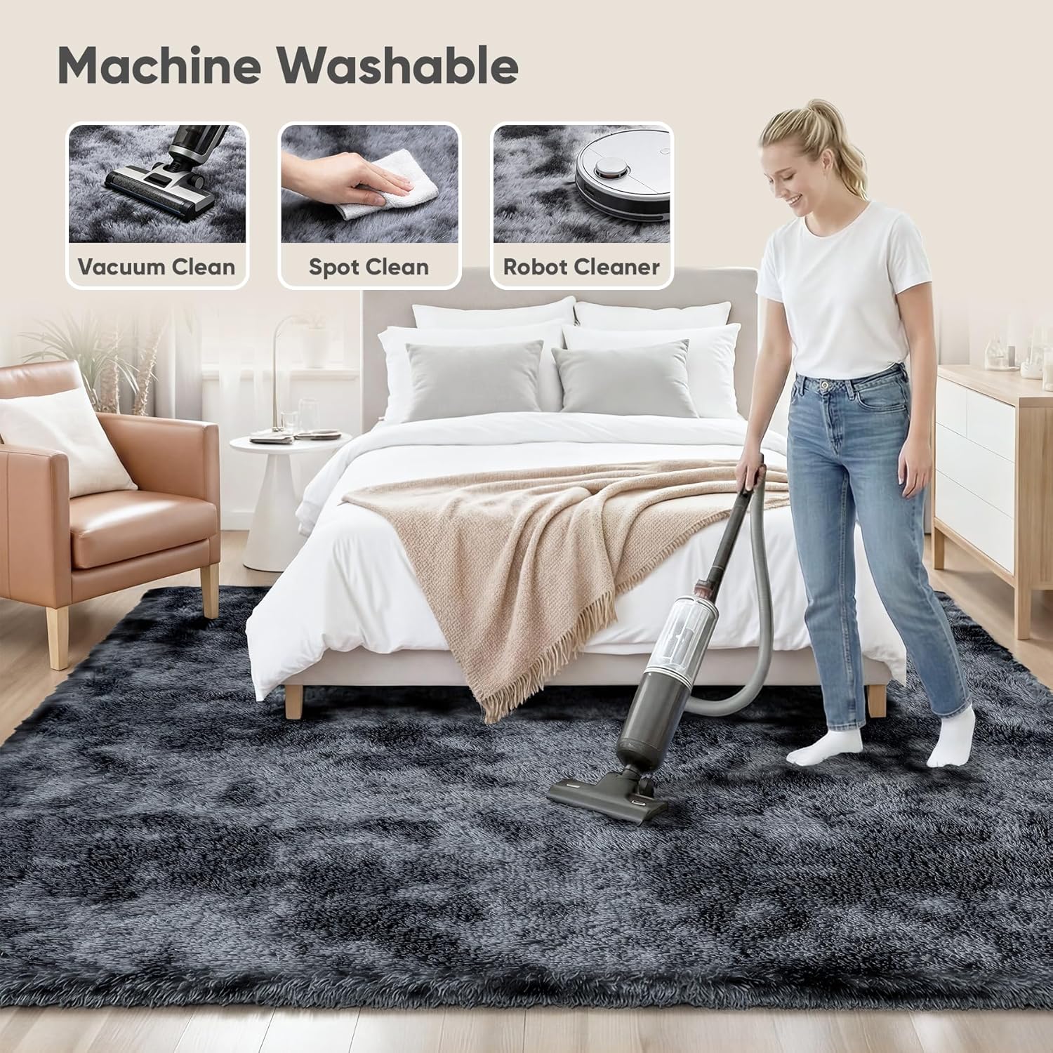 Thumbnail 6 de 8x10 Fluffy Shag Area Rug for Living Room & Bedroom – Black/Gray, Non-Slip, High-Pile Plush