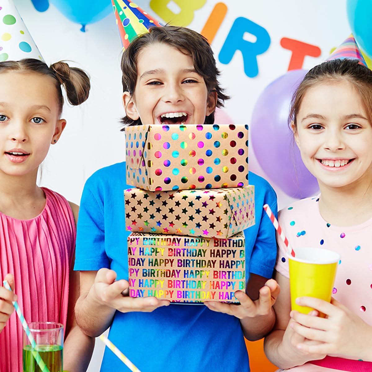 Detalle de 3 Rolls Birthday Gift Wrapping Paper | Kraft, 43cm x 3m each, 3 designs (Dots, Star, HAPPY BIRTHDAY)