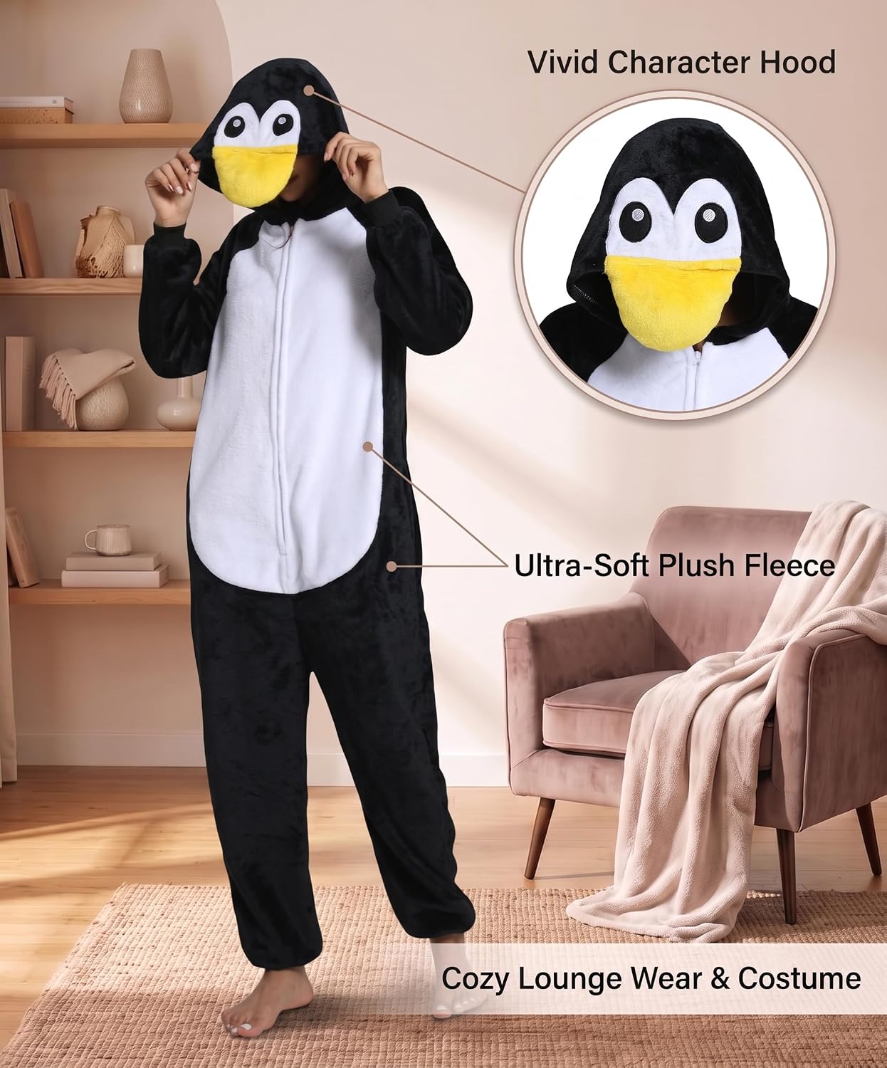 Detalle de Hundredmore Adult Animal Onesie Pajamas with Plush Hood, Zip Front & Pockets