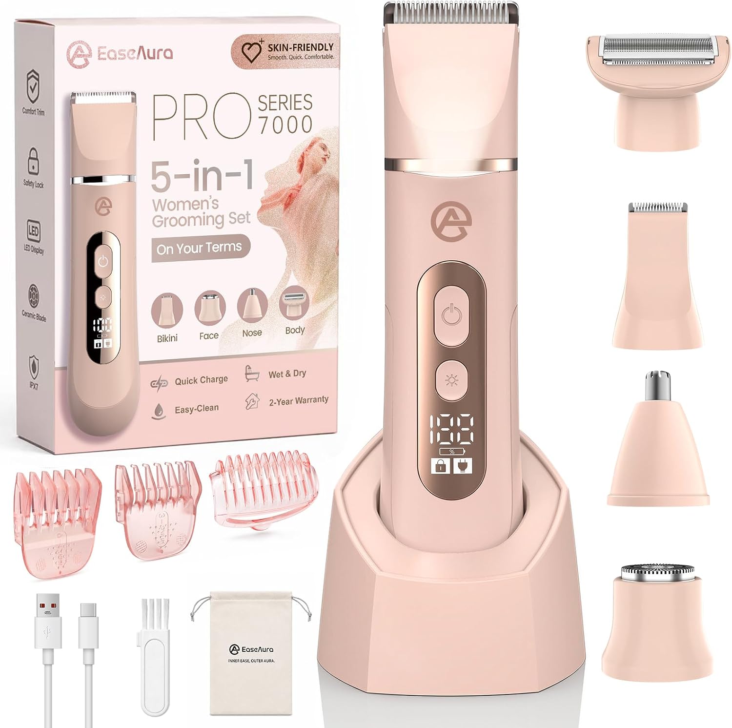 Detalle de EaseAura Rasoio Elettrico Donna 5 In 1 – Grooming completo per viso, corpo e zone intime