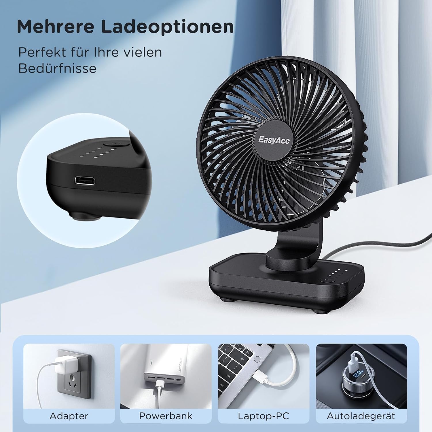 Thumbnail 5 de EasyAcc Battery Fan 4000 Capacity USB Desk Fan – Quiet, Strong Wind with 4 Speeds and 90° Tilt