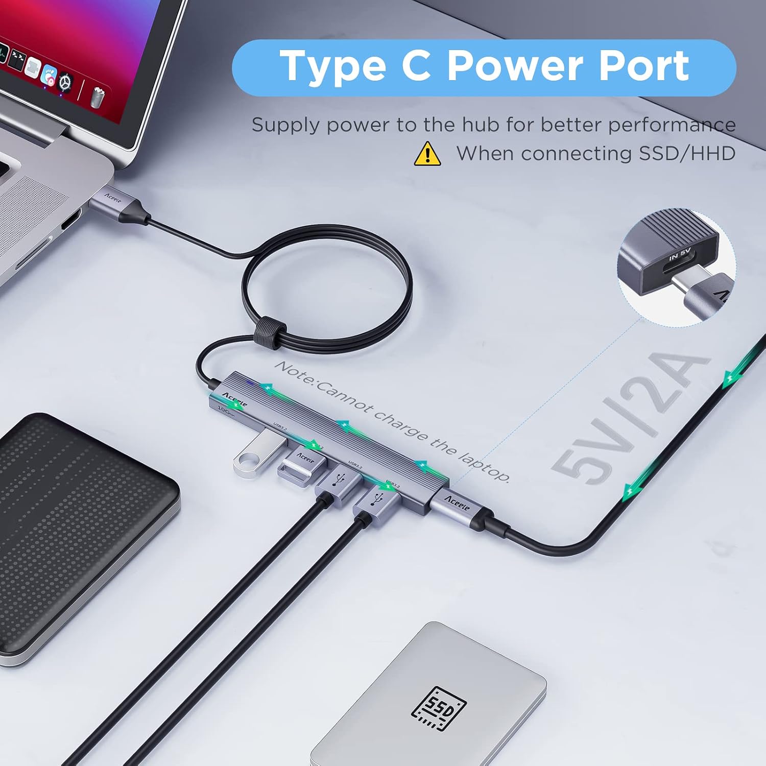 Detalle de Aceele USB Hub 3.2 Gen 2 Splitter mit 4 USB-A-Anschlüssen, 1,2 m Kabel – kompatibel zu Laptop, PC, Xbox und Mac