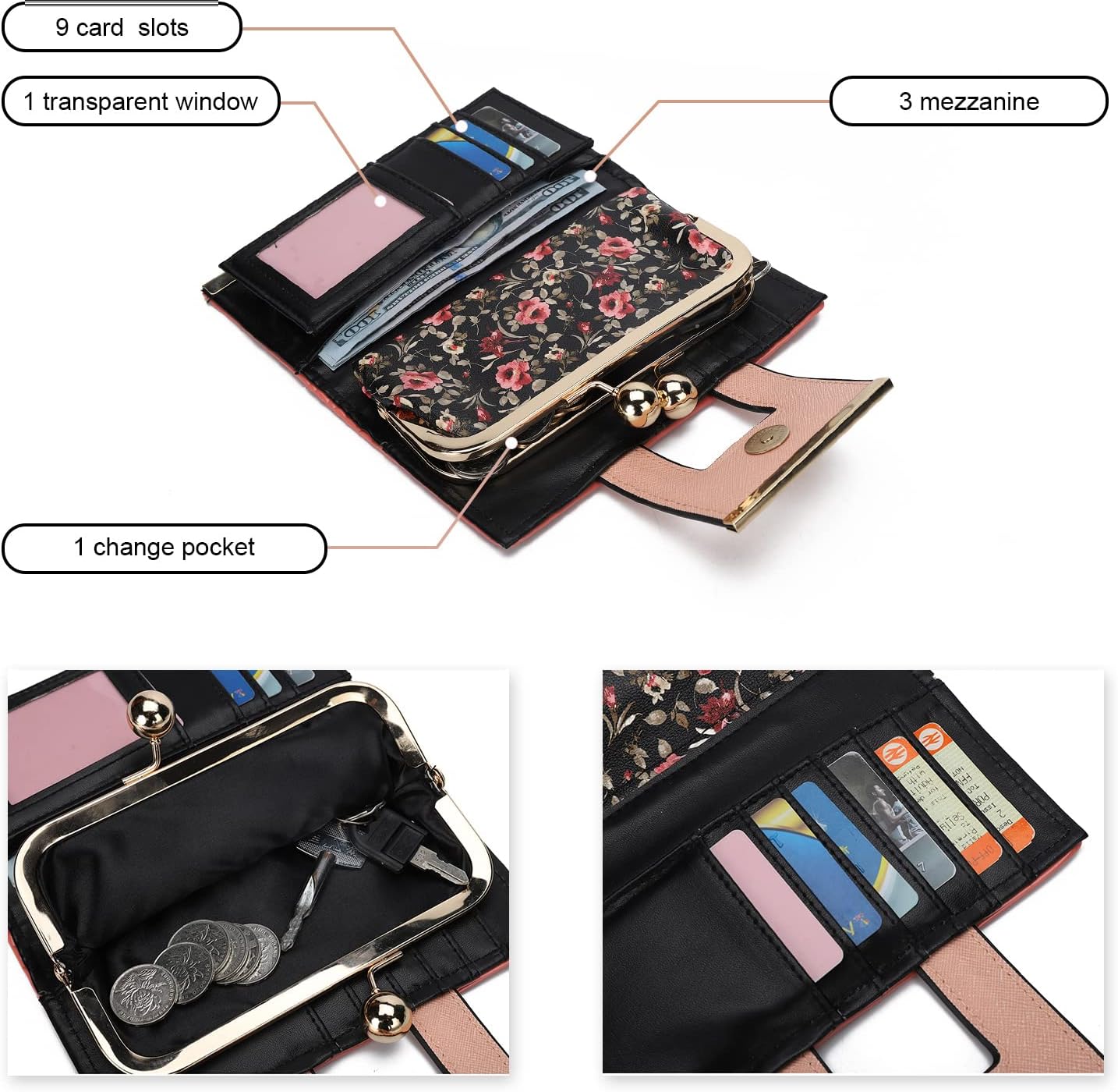 Thumbnail 3 de Gladdon Portefeuille femme motif floral vintage fond noir – 10 emplacements cartes + fenêtre transparente