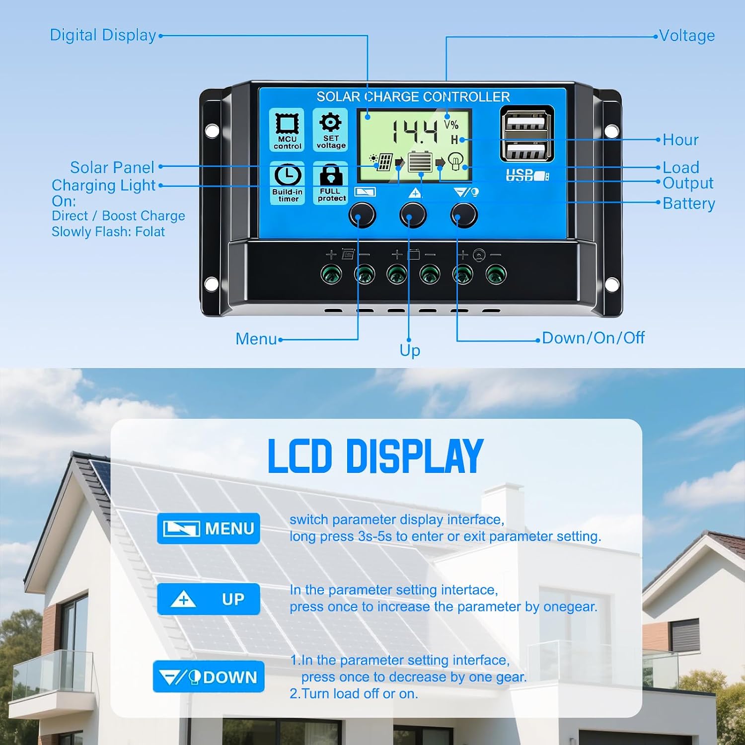 Detalle de AeternaSol 20A PWM Solar Charge Controller with Dual USB and LCD