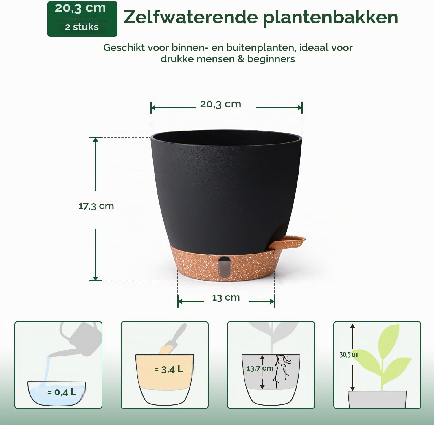 Thumbnail 2 de T4U PG3084 zelfbewaterende bloempotten, 20 cm, zwart, set van 2