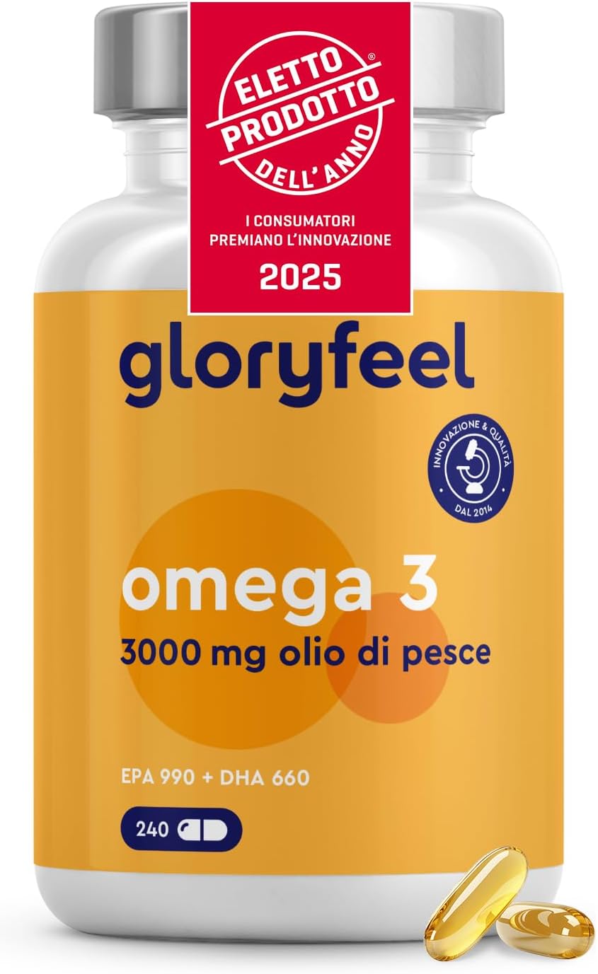 Detalle de Omega 3 ad Alto Dosaggio GloryFeel: 3000 mg di olio di pesce, 990 mg EPA e 660 mg DHA in 240 softgel