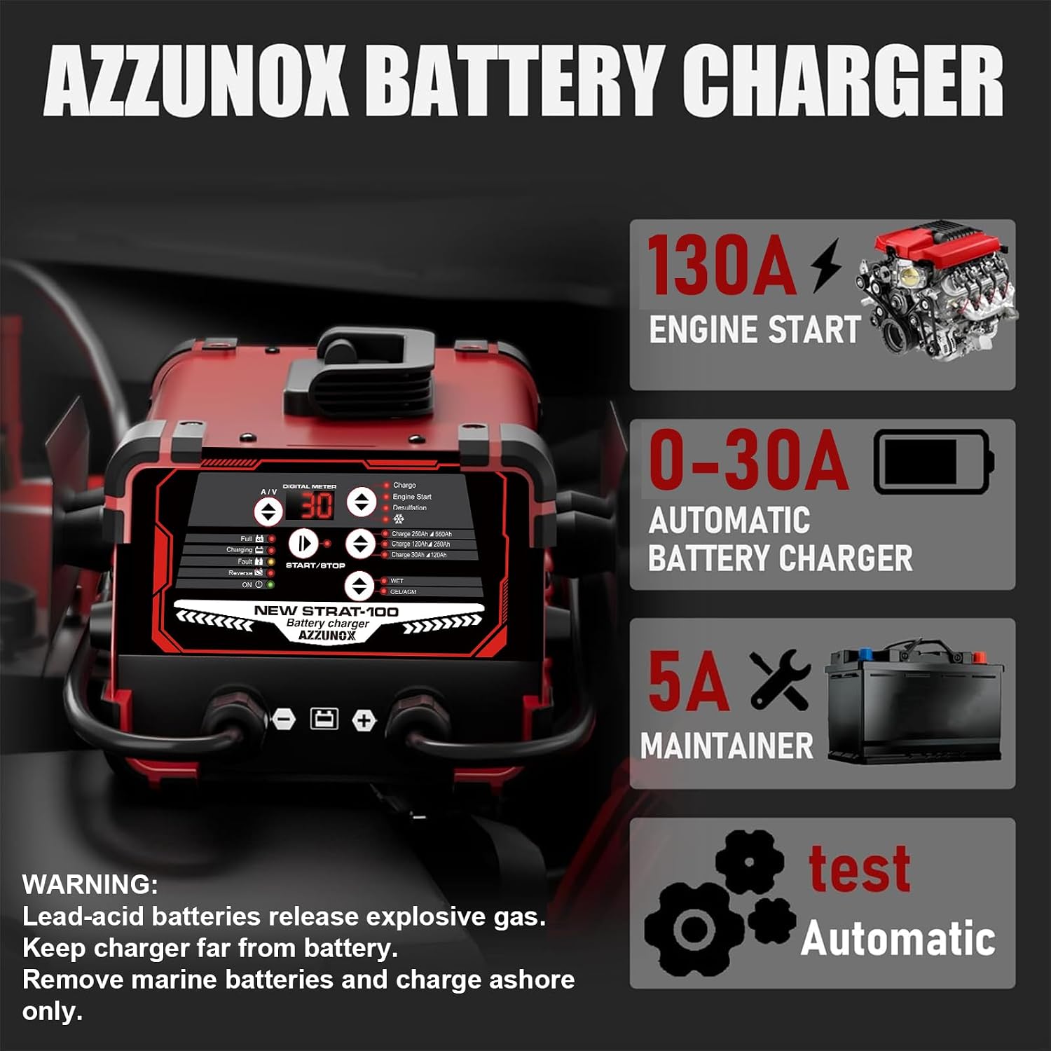 Detalle de AZZUNOX 12V/24V Car Battery Charger & Engine Starter with 130 Cranking Amps